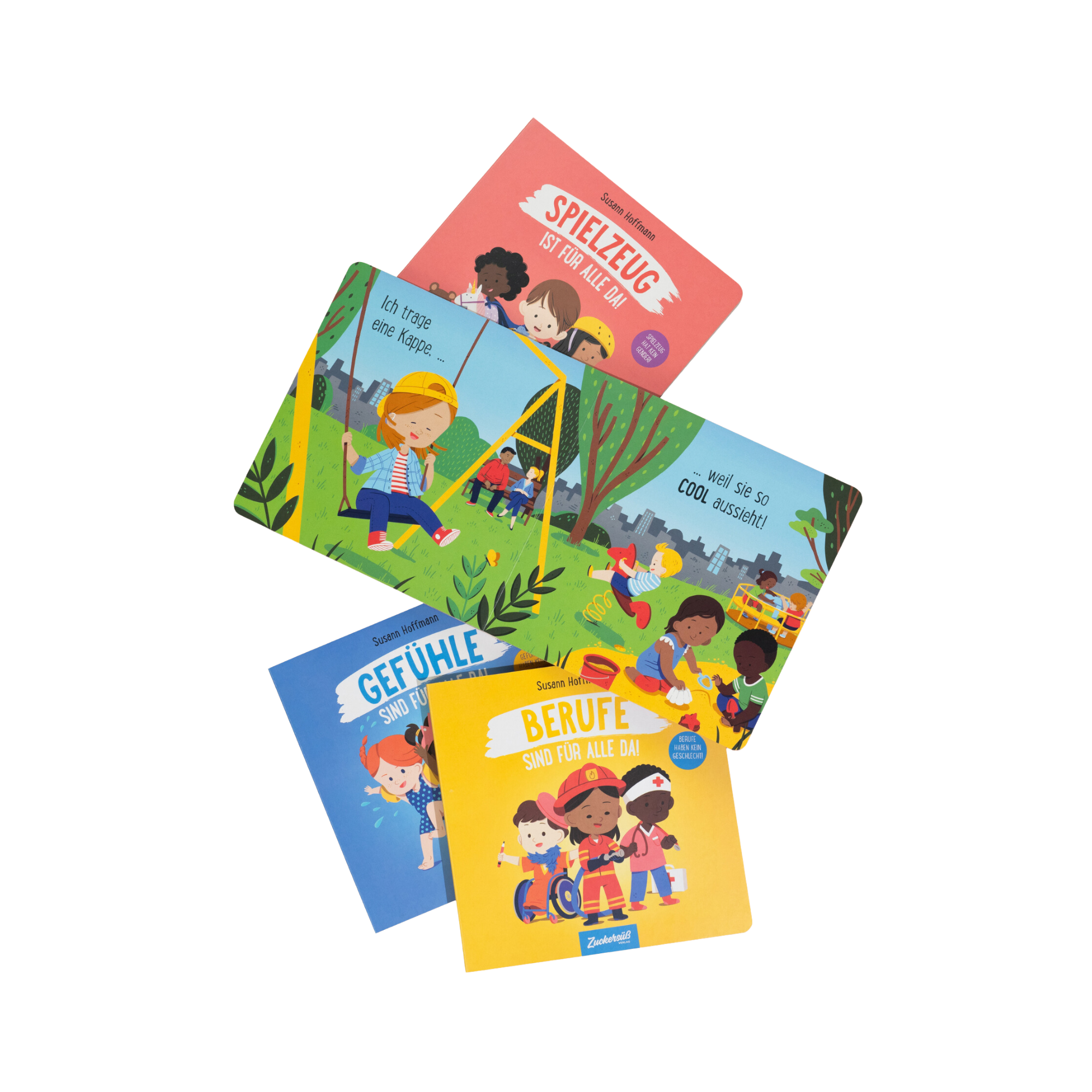 Farbige Produktaufnahme von vier Kinderbüchern aus dem Zuckersüß Verlag aus der Reihe „Freiheit ist für alle da“. Drei Bücher sind geschlossen, eines ist aufgeschlagen und zeigt eine Szene mit spielenden Kindern im Park. Die Cover und Seiten zeigen vielfältige Illustrationen und vermitteln kindgerecht Themen wie Gleichberechtigung, Gefühle, Berufe und Spielzeug.