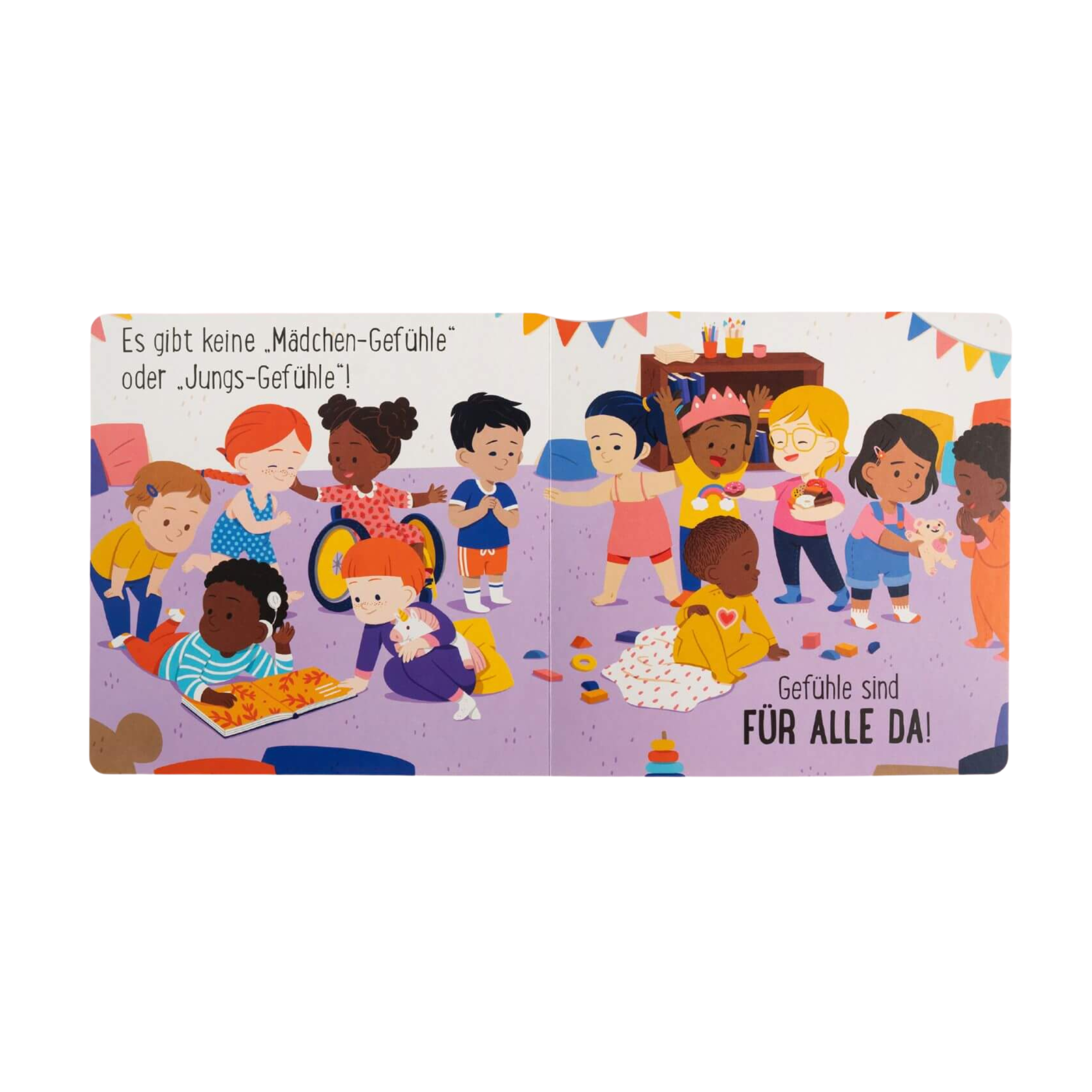 Kinder unterschiedlichster Herkunft spielen gemeinsam in einem hellen Raum und drücken so Vielfalt und Gleichberechtigung aus. Der Text lautet: "Freiheit ist für alle da!" Eine Buchreihe des Zuckersüß Verlags: "Freiheit ist für alle da - die komplette Reihe, von Susann Hoffmann.