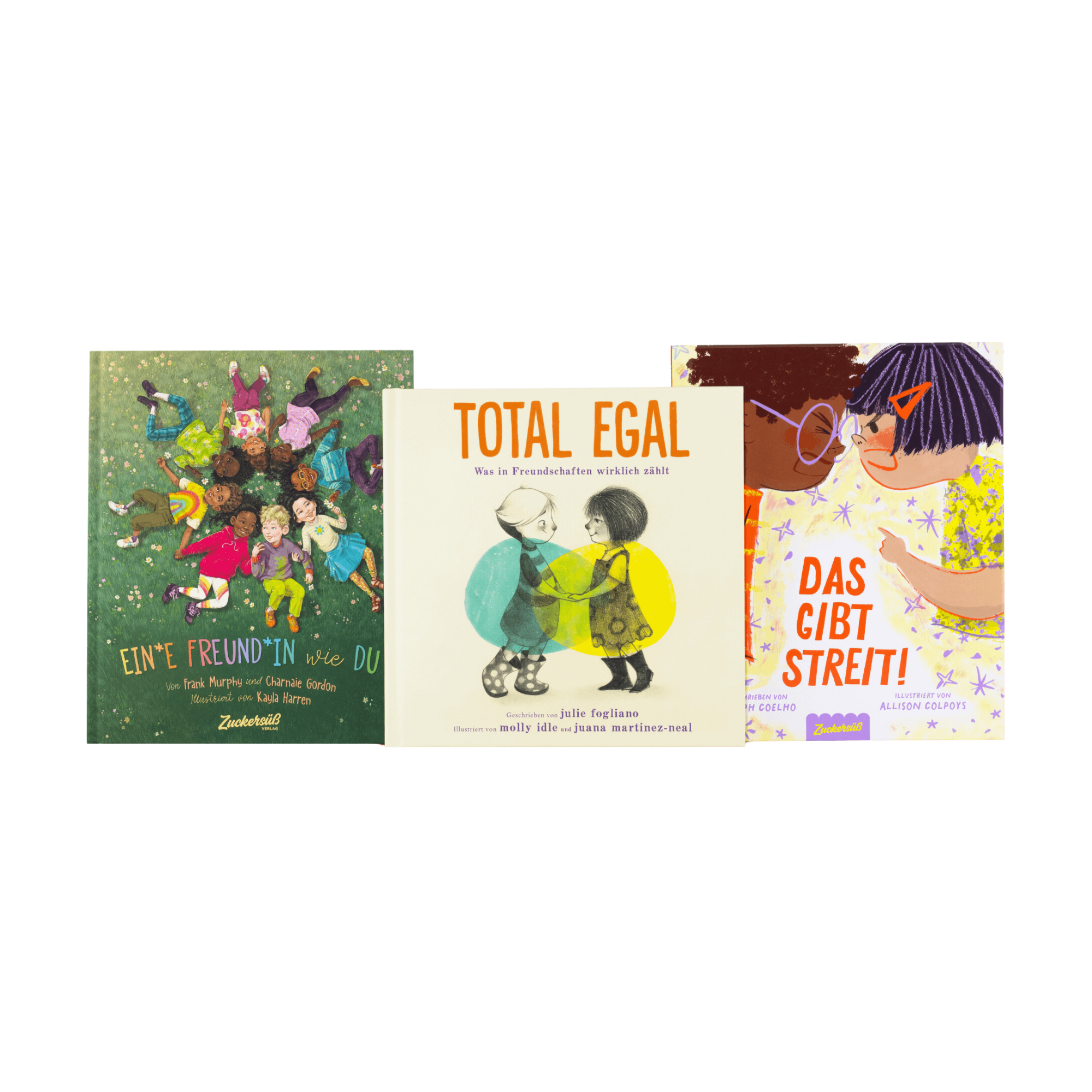 Drei Kinderbücher aus dem Zuckersüß Verlag stehen aufrecht in einer Reihe, mit verspielten Kindern auf bunten Covern. "Das Freundschafts Starter Pack" stellt Empathie und Konfliktlösung in den Mittelpunkt.