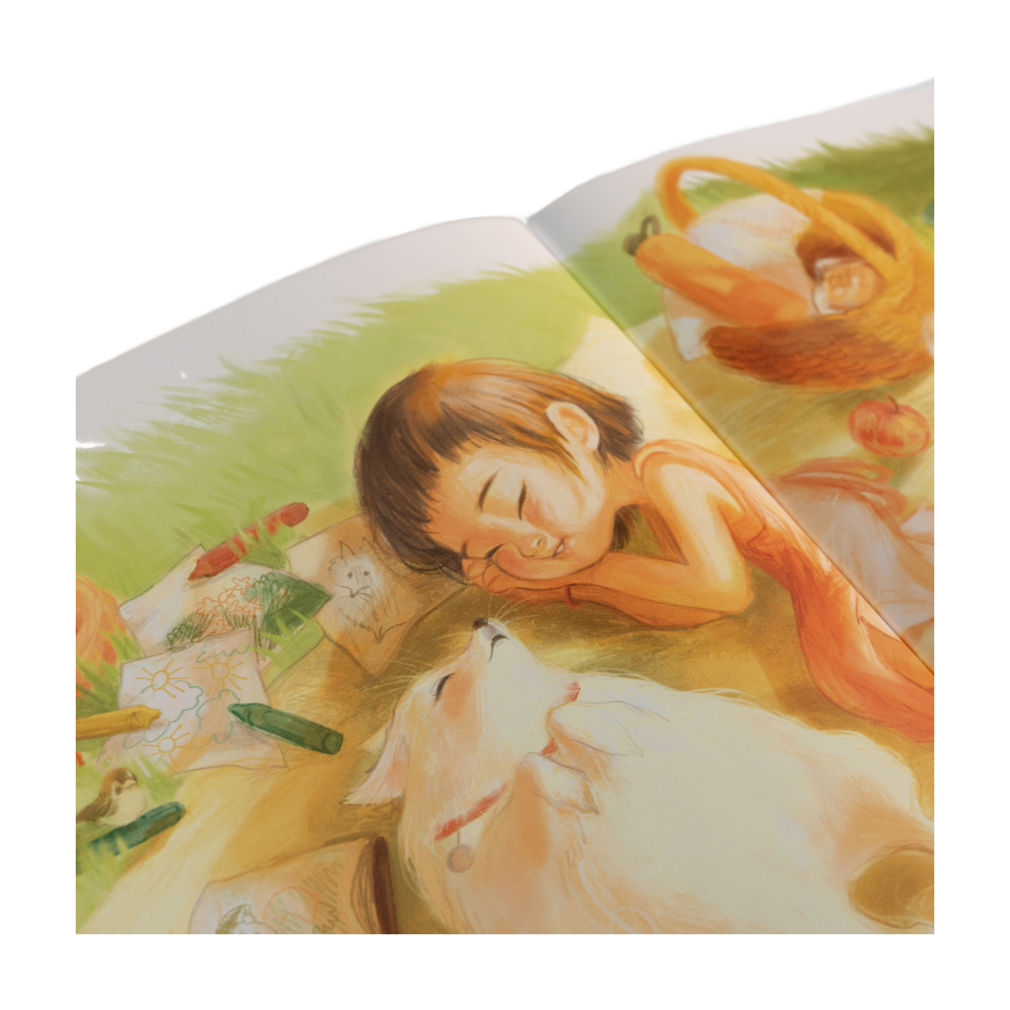 Eine Illustration aus "Für immer in meinem Herzen" von Kelly Wu zeigt ein Kind, das neben einem flauschigen weißen Hund im Gras liegt, umgeben von Zeichnungen, Buntstiften und einem Picknickkorb.