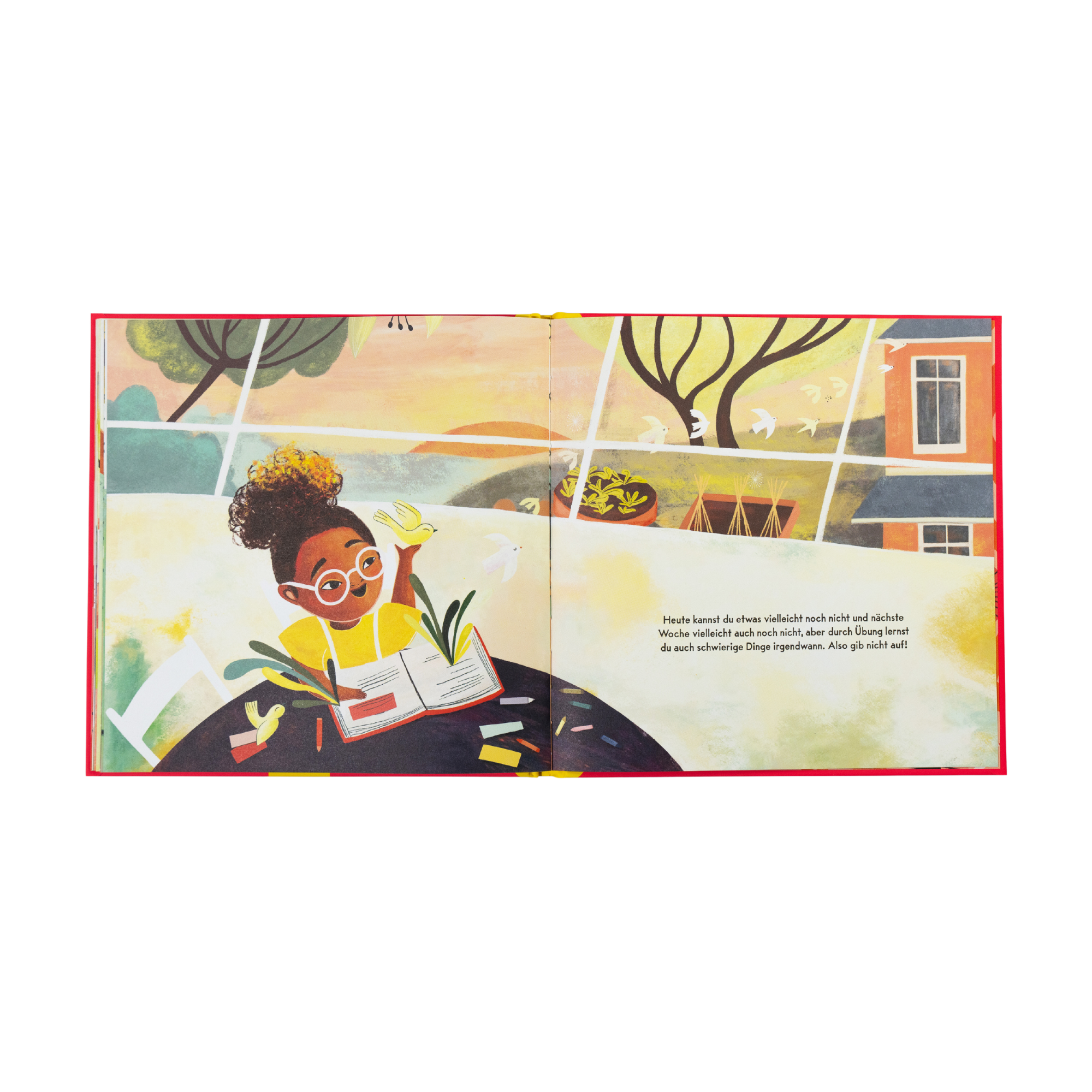 Eine farbenfrohe Kinderbuchillustration zeigt ein Kind mit Brille und lockigem Haar, das 