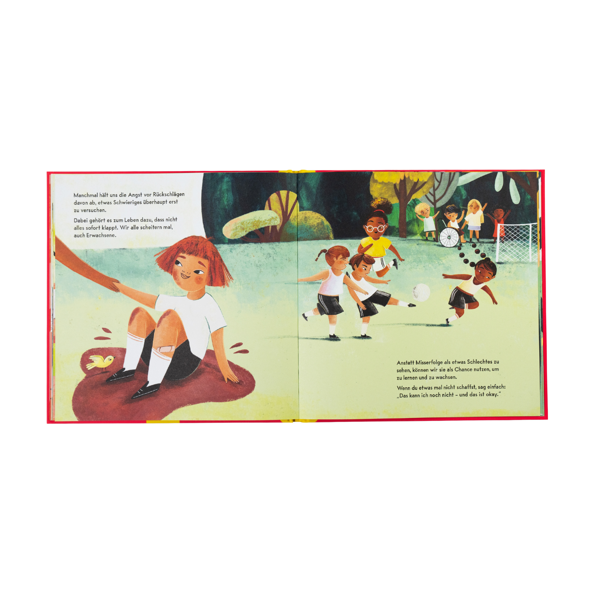 Gib nicht auf!" von Jessica Sanders ist ein illustriertes Vorschulbuch, das ein trauriges Kind zeigt, dessen Fußball davon rollt, während andere Kinder zum Lernen ohne Druck ermutigen und zeigen, dass es in Ordnung ist, Fehler zu machen.