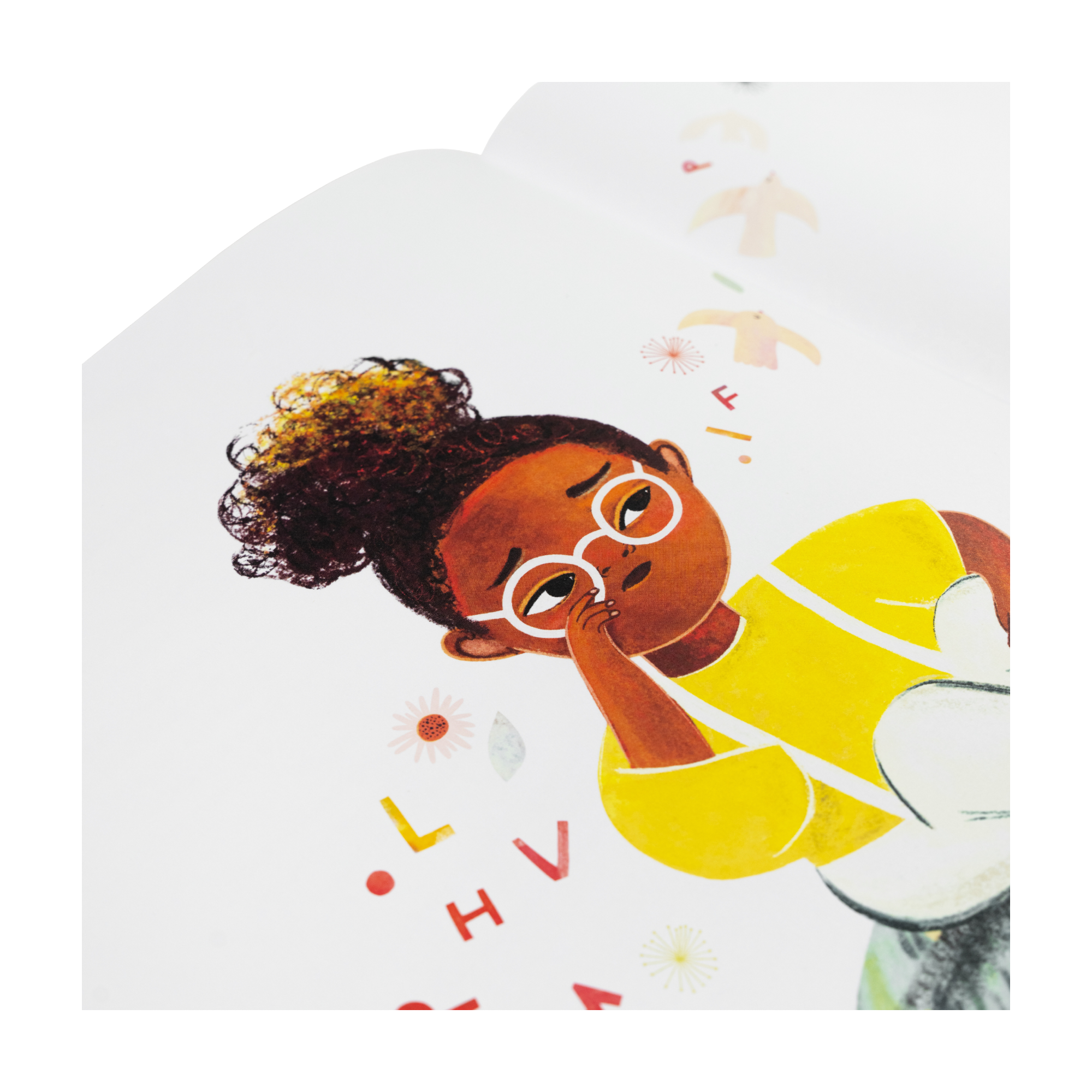 Illustration eines nachdenklichen jungen Kindes mit lockigen Haaren in einem Dutt, Brille und gelbem Hemd - umgeben von bunten Buchstaben und Formen. Aus dem Vorschul-Buch 