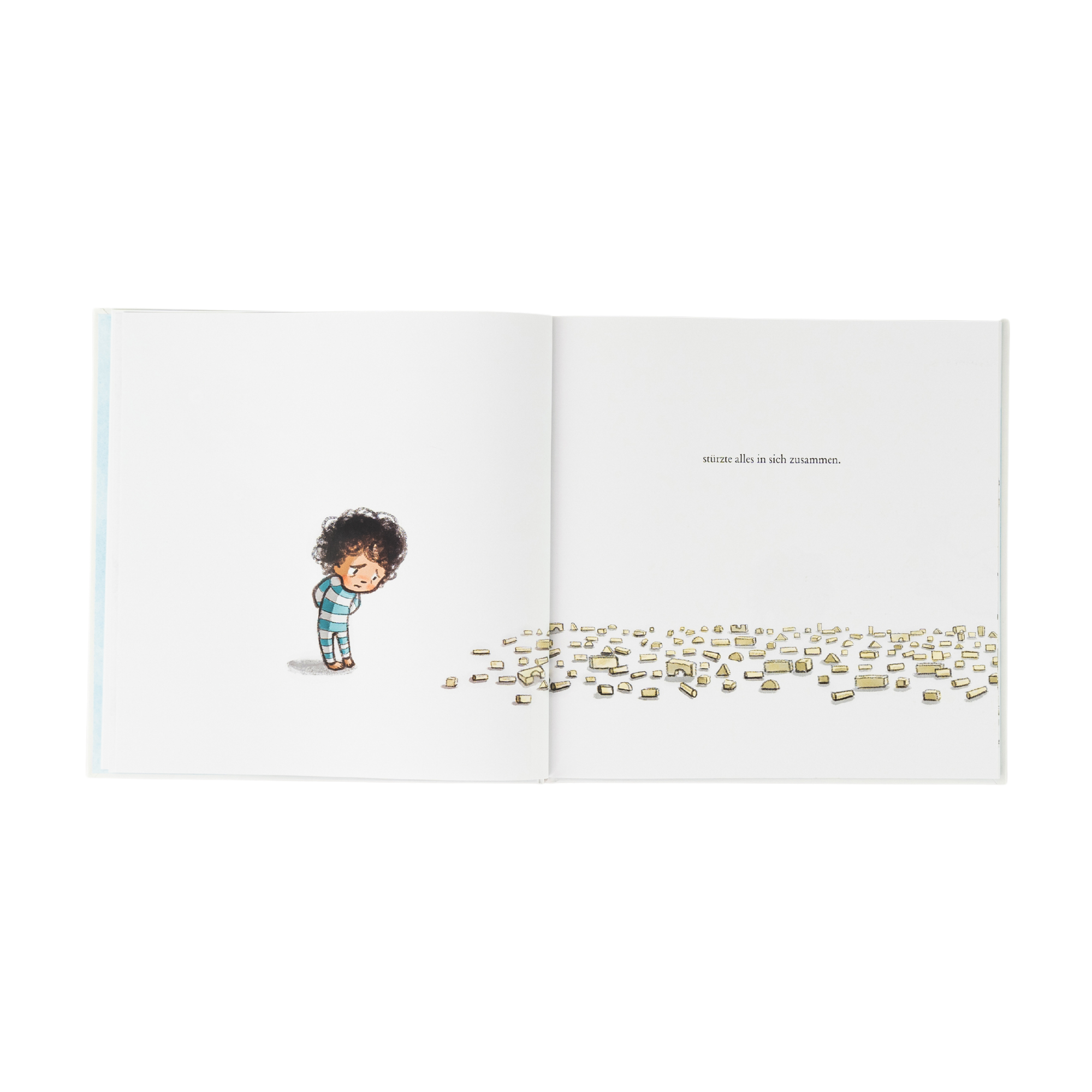 Auf der linken Seite der Doppelseite im Bilderbuch "Häschen tröstet" von Cori Doerrfeld steht ein Kind im Pyjama, traurig und mit gesenktem Blick. Rechts sind zahlreiche gelbe Bauklötze über den Boden verstreut, begleitet vom Satz: „stürzte alles in sich zusammen.“