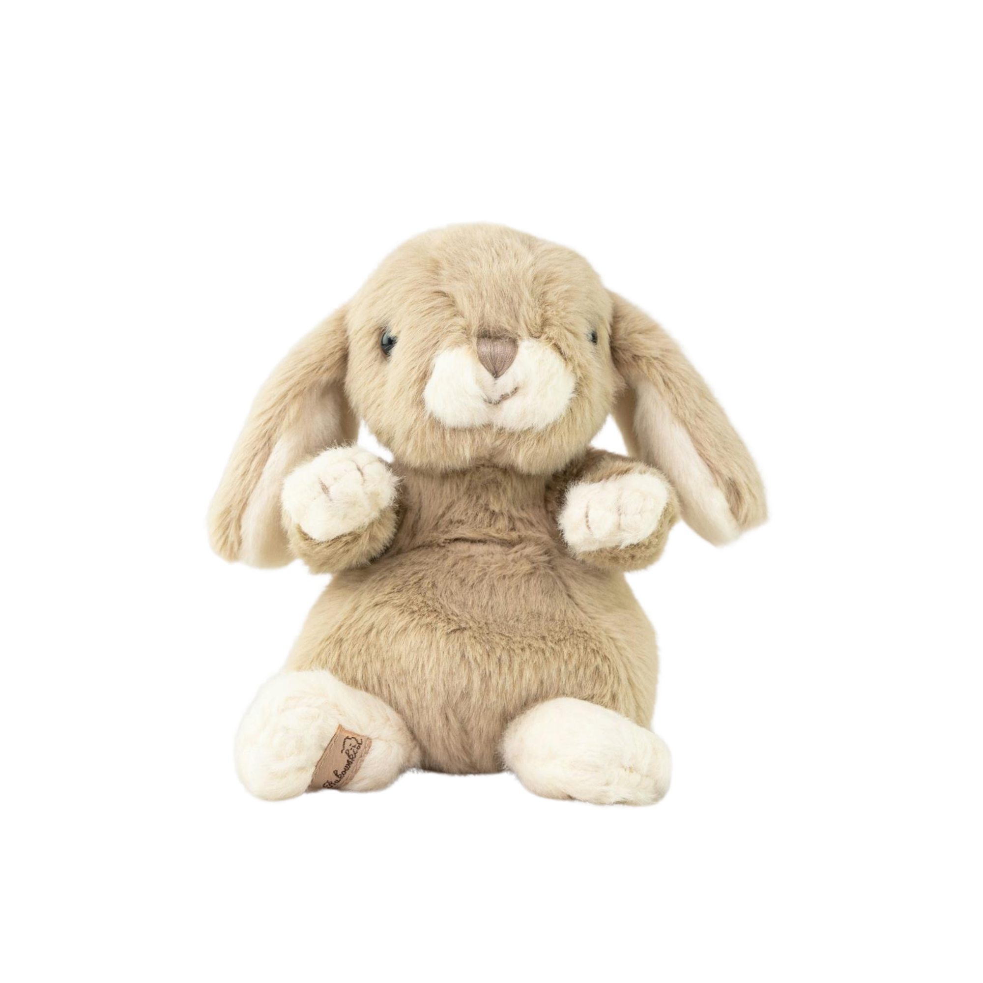 Ein weiches, hellbraunes Häschen von Bukowski Schweden mit Schlappohren, weißem Gesicht und Pfoten, gestickter Nase, aufrecht sitzend und nach vorne gerichtet.