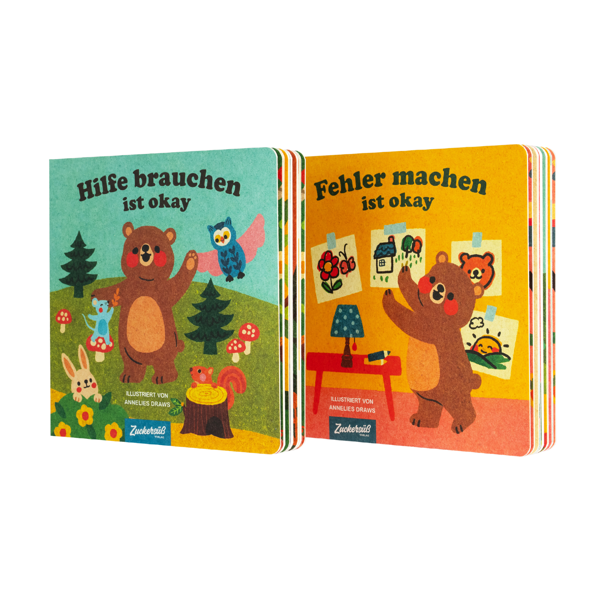 Die Annelies Draws-Bücher "Hilfe brauchen ist okay" und "Fehler machen ist okay" sind zwei deutsche Kinderbücher mit farbenfrohen Covern, die illustrierte Tiere in fröhlichen Freundschaftsszenen zeigen.