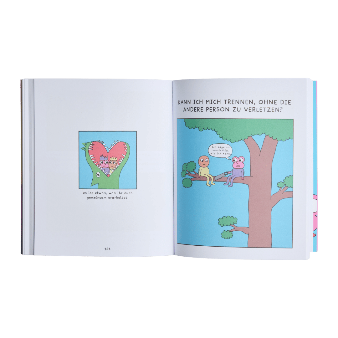 Ein aufgeschlagenes Buch mit einer einfachen, farbenfrohen Illustration aus dem Buch „How to love“ des Zuckersüß-Verlags: Auf der linken Seite ist ein Comic-Herz mit einem Pflaster zu sehen; auf der rechten Seite sitzen zwei Comicfiguren in einem Baum – als Symbol für Liebe und Beziehungen. Der Text ist auf Deutsch und hat einen hellblauen Hintergrund.