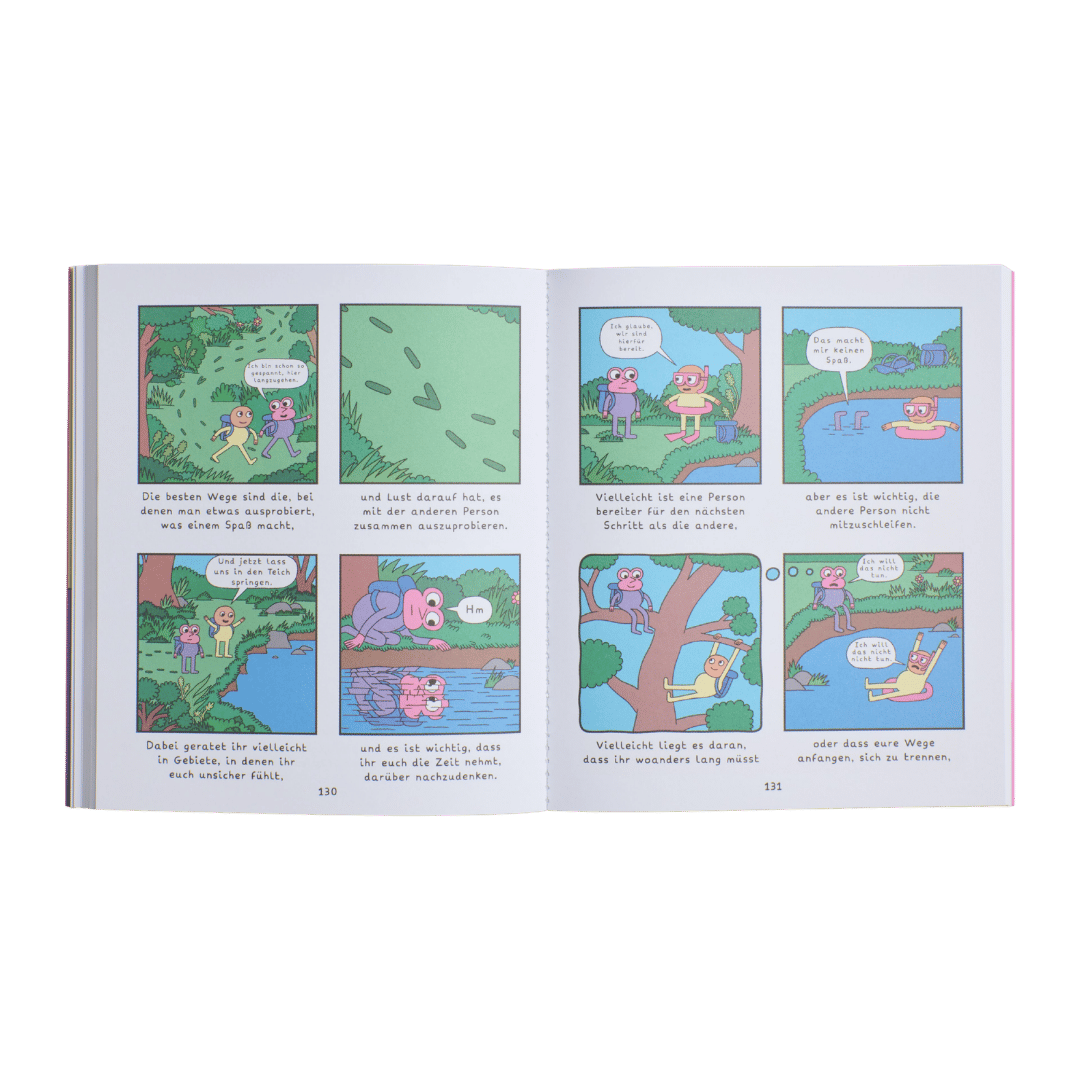 Aber sicher! Hier ist Ihr überarbeiteter Satz unter Verwendung der angegebenen Produktdaten: Ein aufgeschlagenes Exemplar von „How to love“ des Zuckersüß Verlags zeigt farbenfrohe Illustrationen von Zeichentieren in der Natur, die Deutsch sprechen. Die Seiten zeigen Szenen, in denen Tiere an einem Teich und unter Bäumen spazieren gehen, sitzen und sich unterhalten, während sie in ihrer bezaubernden Waldwelt Beziehungen und die Wunder der Liebe erkunden.