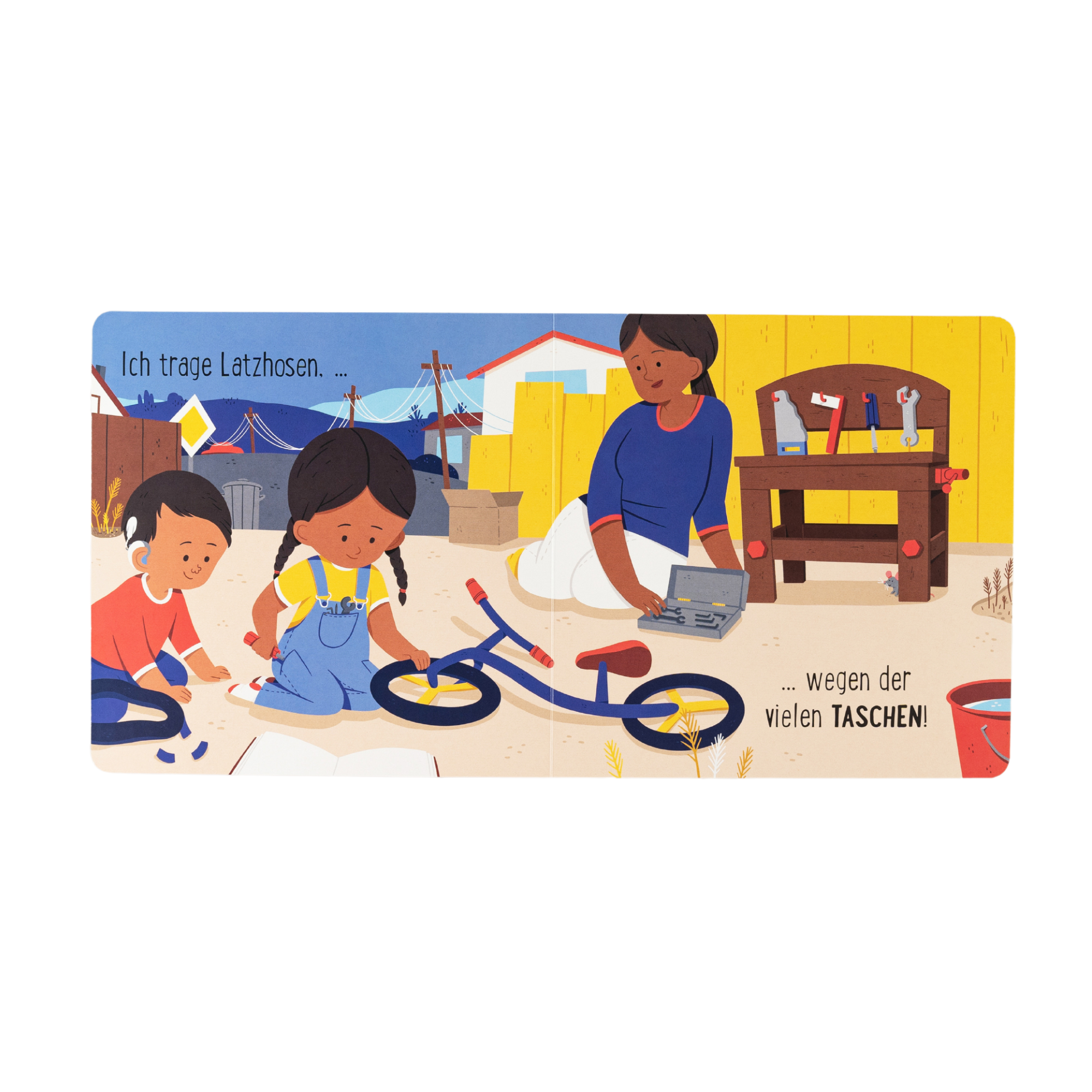 Eine Doppelseite aus "Kleidung ist für alle da!" von Susann Hoffmann zeigt zwei Kinder und eine erwachsene Person im Freien. Ein Kind im Overall hilft mit Werkzeug beim Zusammenbauen eines Fahrrads. Der Text betont, wie das Buch integrative Mode mit praktischen Designs und Taschen für alle unterstützt.