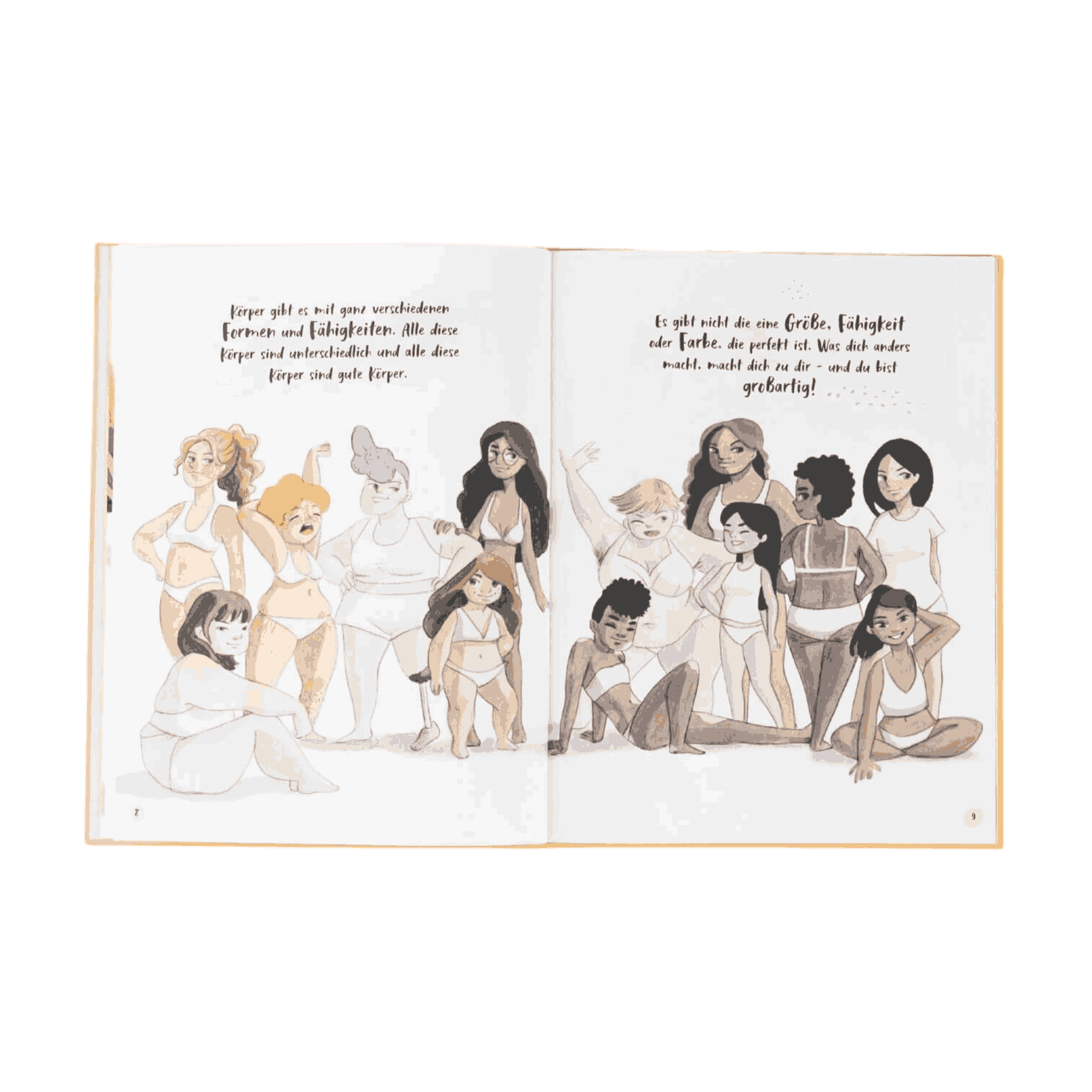 Eine illustrierte Doppelseite aus "Liebe deinen Körper" von Jessica Sanders zeigt verschiedene Personen, die selbstbewusst in Unterwäsche posieren, während der Text über jeder Gruppe Selbstliebe, Körperbewusstsein und einzigartige Schönheit feiert.