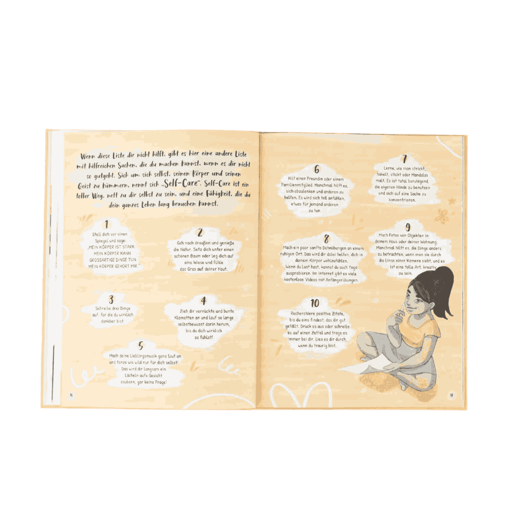 Ein aufgeschlagenes Buch, "Liebe deinen Körper" von Jessica Sanders. Die rechte Seite zeigt ein dunkelhaariges Kind, das in ein Notizbuch schreibt; die linke Seite hat nummerierte Textblasen auf einem hellorangen Hintergrund mit Text und Illustrationen.