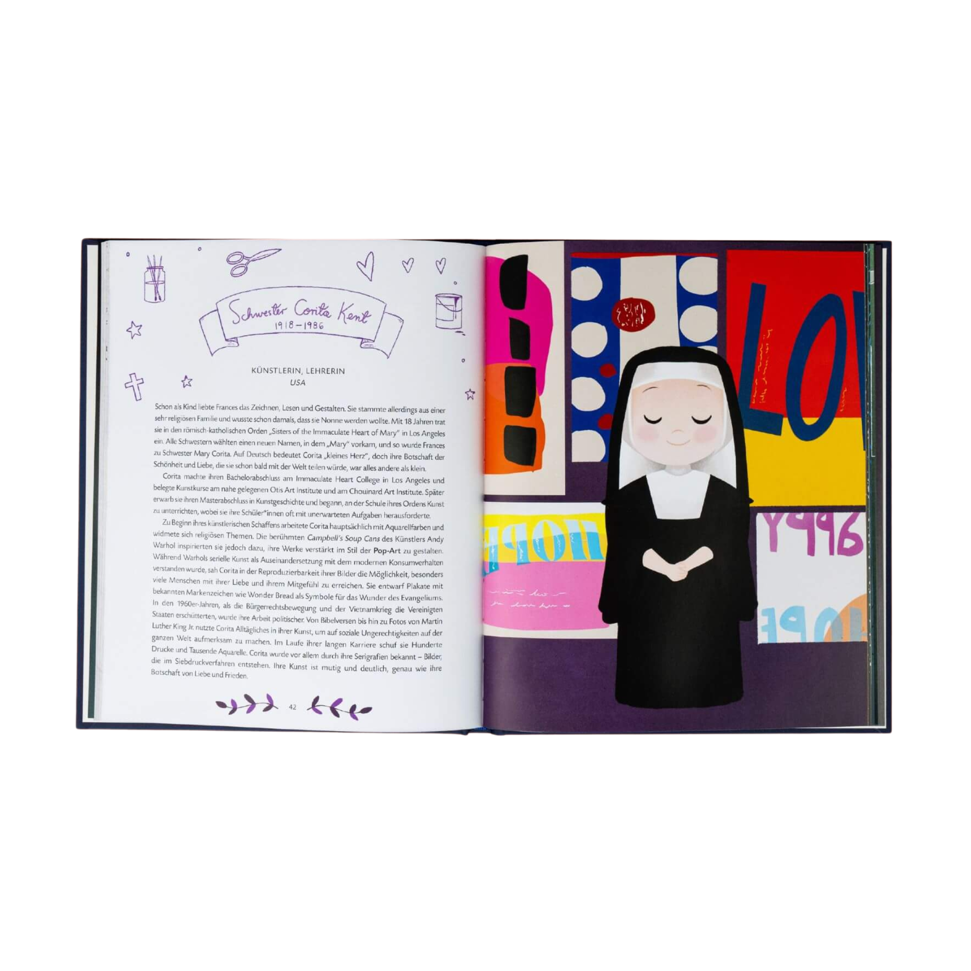 Ein offenes Buch aus Vashti Harrisons „Little Dreamers“ zeigt links eine Textseite mit liebevollen Illustrationen und rechts die farbenfrohe Darstellung einer lächelnden Nonne – eine von vielen außergewöhnlichen Frauen, die Kinder mit ihren Geschichten inspirieren.