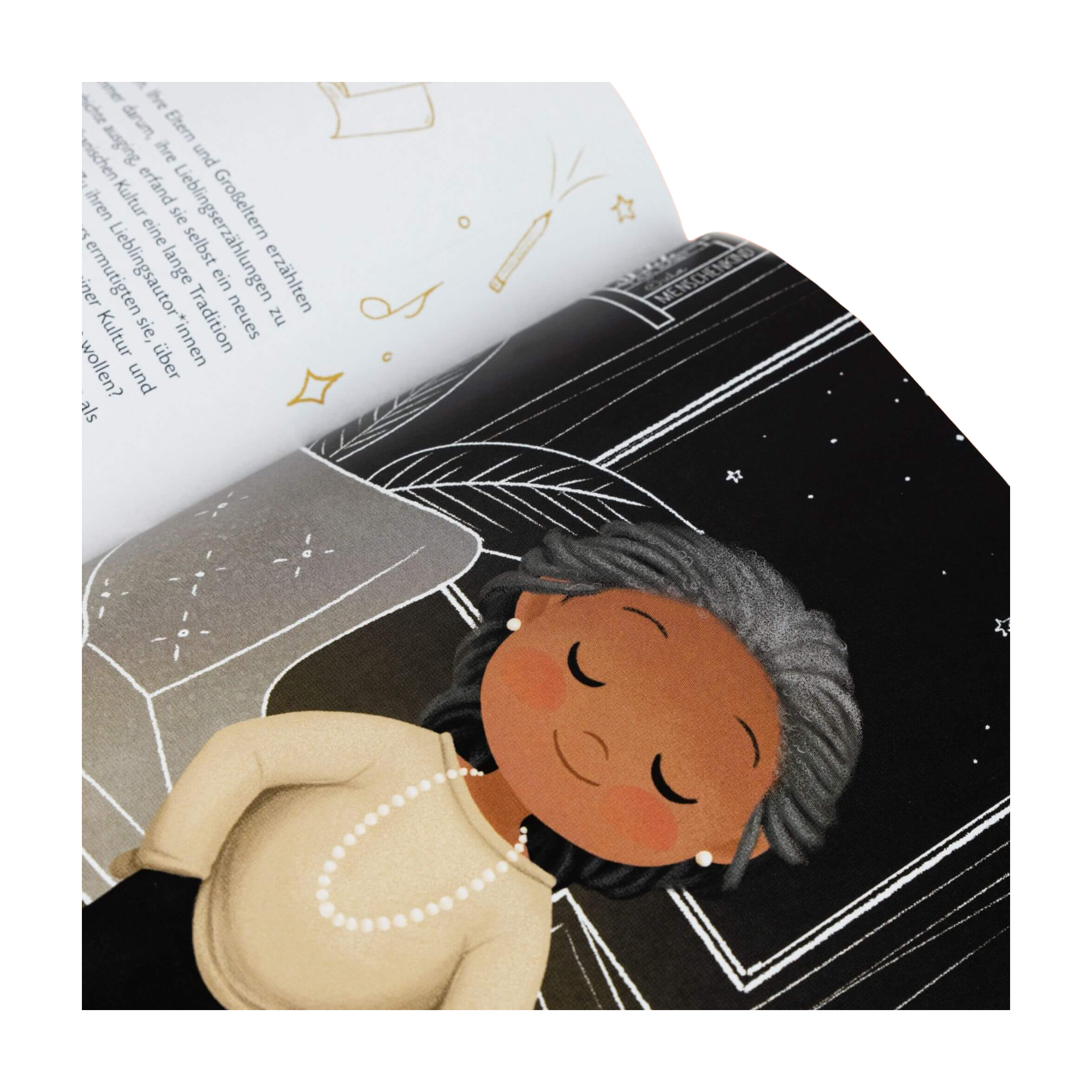 Eine illustrierte Seite aus Vashti Harrisons "Little Dreamers" zeigt eine grauhaarige Figur mit Perlenohrringen und Halskette, die Augen geschlossen, vor einem Sternenhimmel.