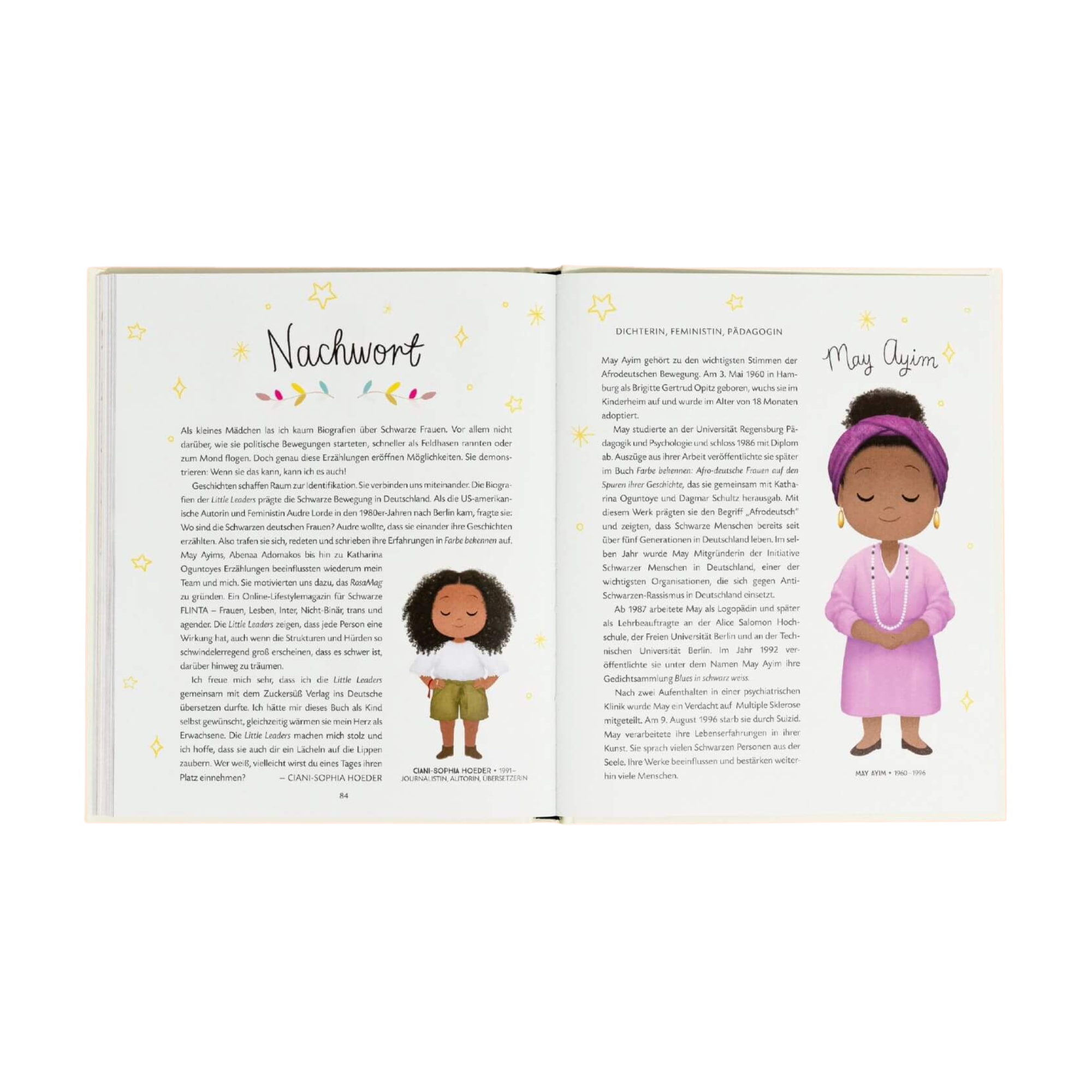 Eine aufgeschlagene Seite aus "Little Leaders" von Vashti Harrison zeigt zwei illustrierte Schwarze Frauen pro Seite, umgeben von Sternen. Die linke Seite ist mit "Nachwort" betitelt, die rechte Seite zeigt May Ayim.