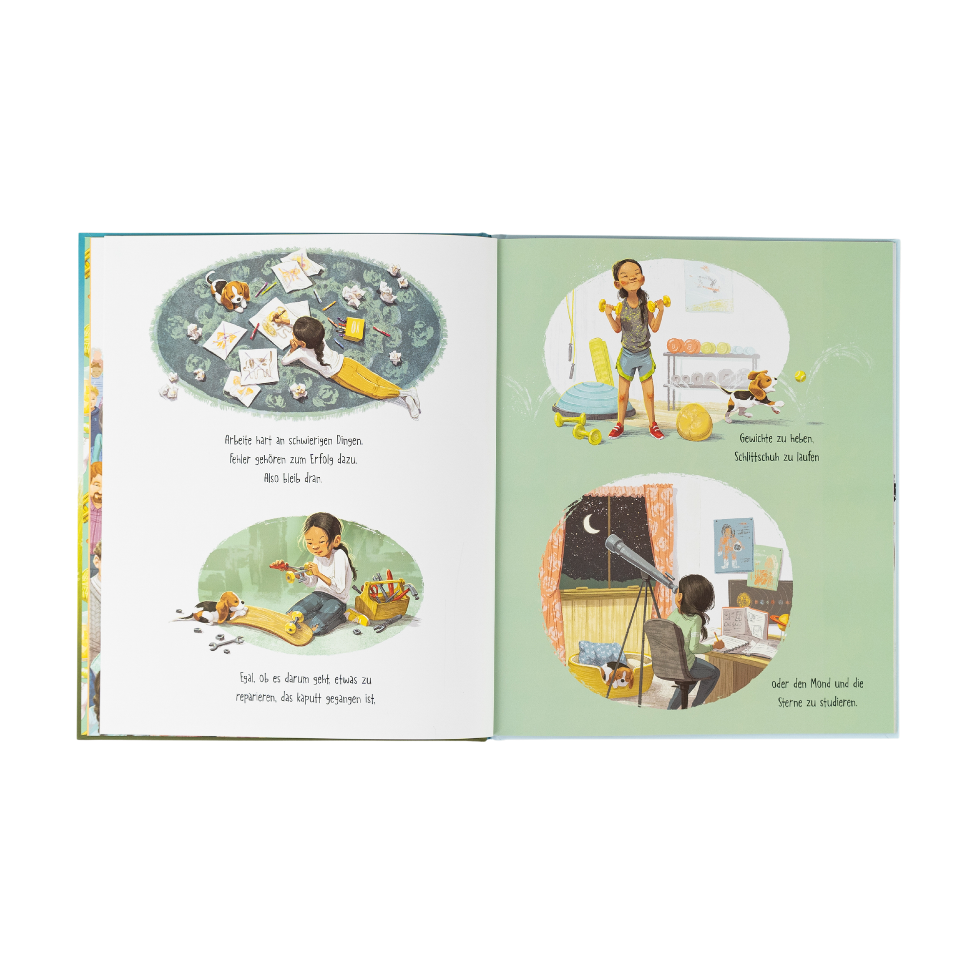 Ein aufgeschlagenes Kinderbuch, „Ein Mädchen wie du“ von Frank & Carla Murphy, zeigt lebendige Szenen eines Kindes, das malt, musiziert, experimentiert und an einem Schreibtisch am Fenster arbeitet. Auf beiden Seiten ist begleitender Text zu sehen.