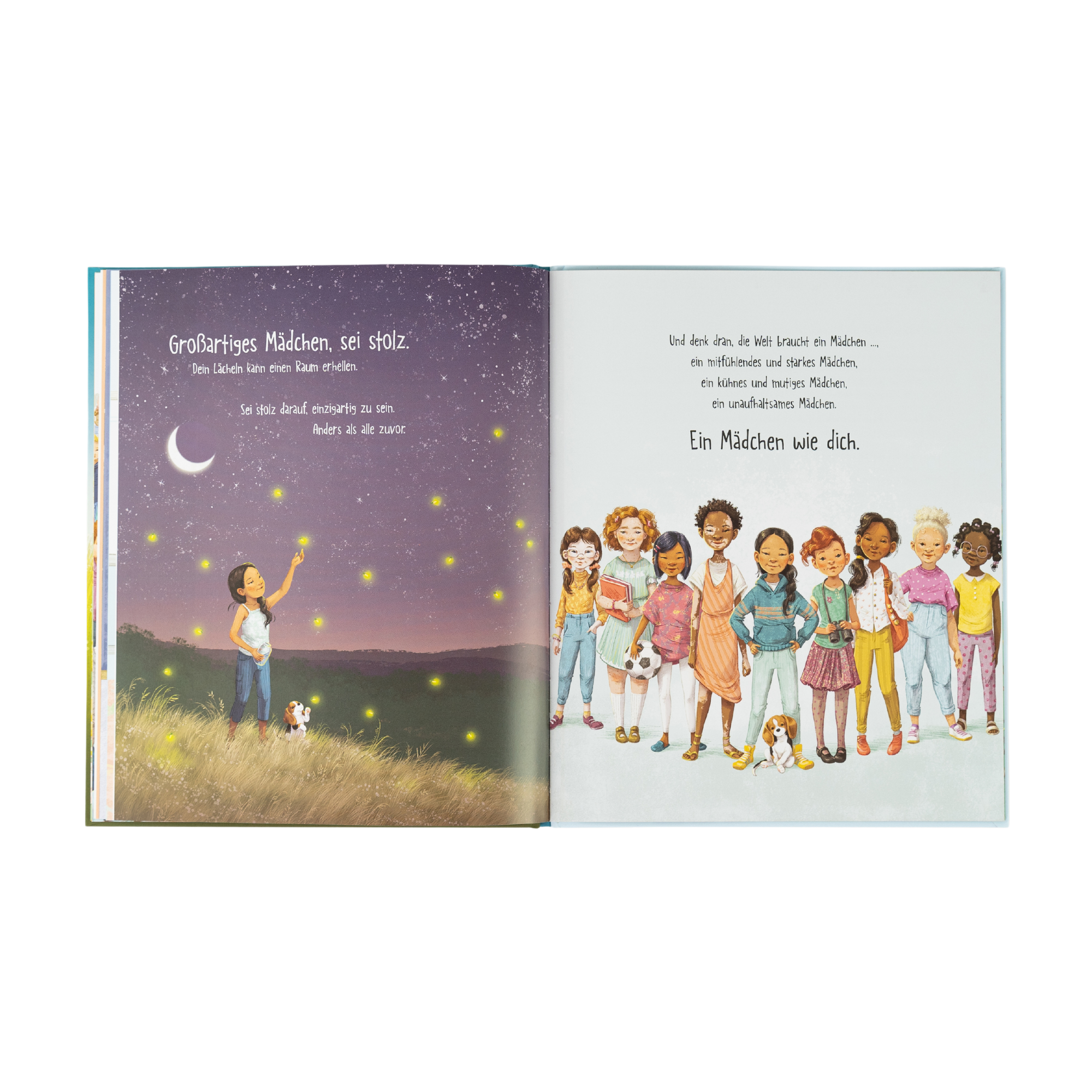 Das illustrierte Kinderbuch „Ein Mädchen wie du“ von Frank & Carla Murphy zeigt links ein Kind unter einem Sternenhimmel mit einem Glas voller leuchtender Glühwürmchen und einem Hund. Rechts stehen fröhliche Kinder unterschiedlicher Herkunft nebeneinander, begleitet von Text über Mut, Einzigartigkeit und Empathie.
