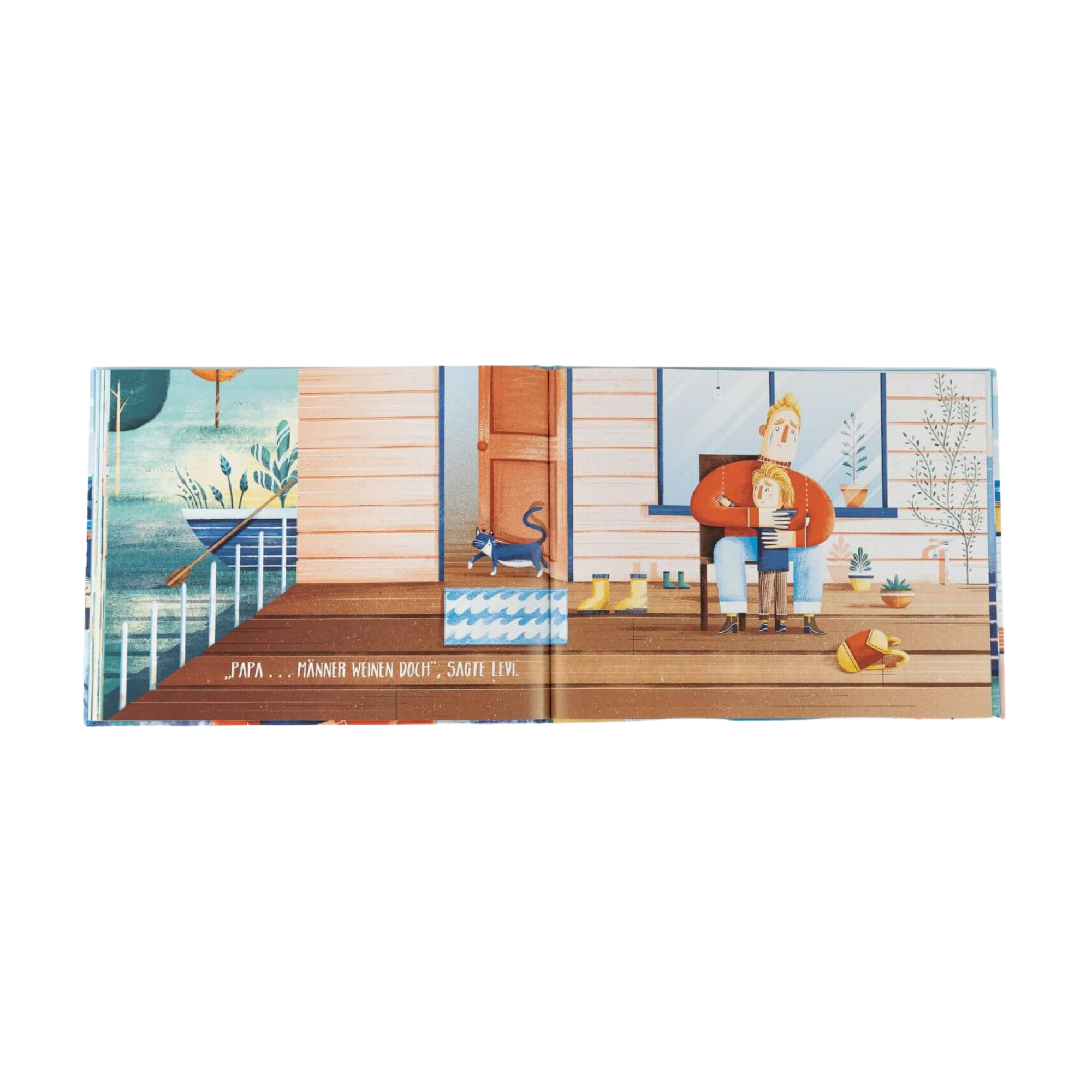 Eine Doppelseite von "Männer weinen" von Jonty Howley zeigt eine Person in einem Schaukelstuhl auf einer Veranda, die eine Tasse hält. Eine Katze liegt auf den Stufen mit verstreuten Gegenständen. Unterer Text: "Papa... Männer weinen doch" sagte Levi.