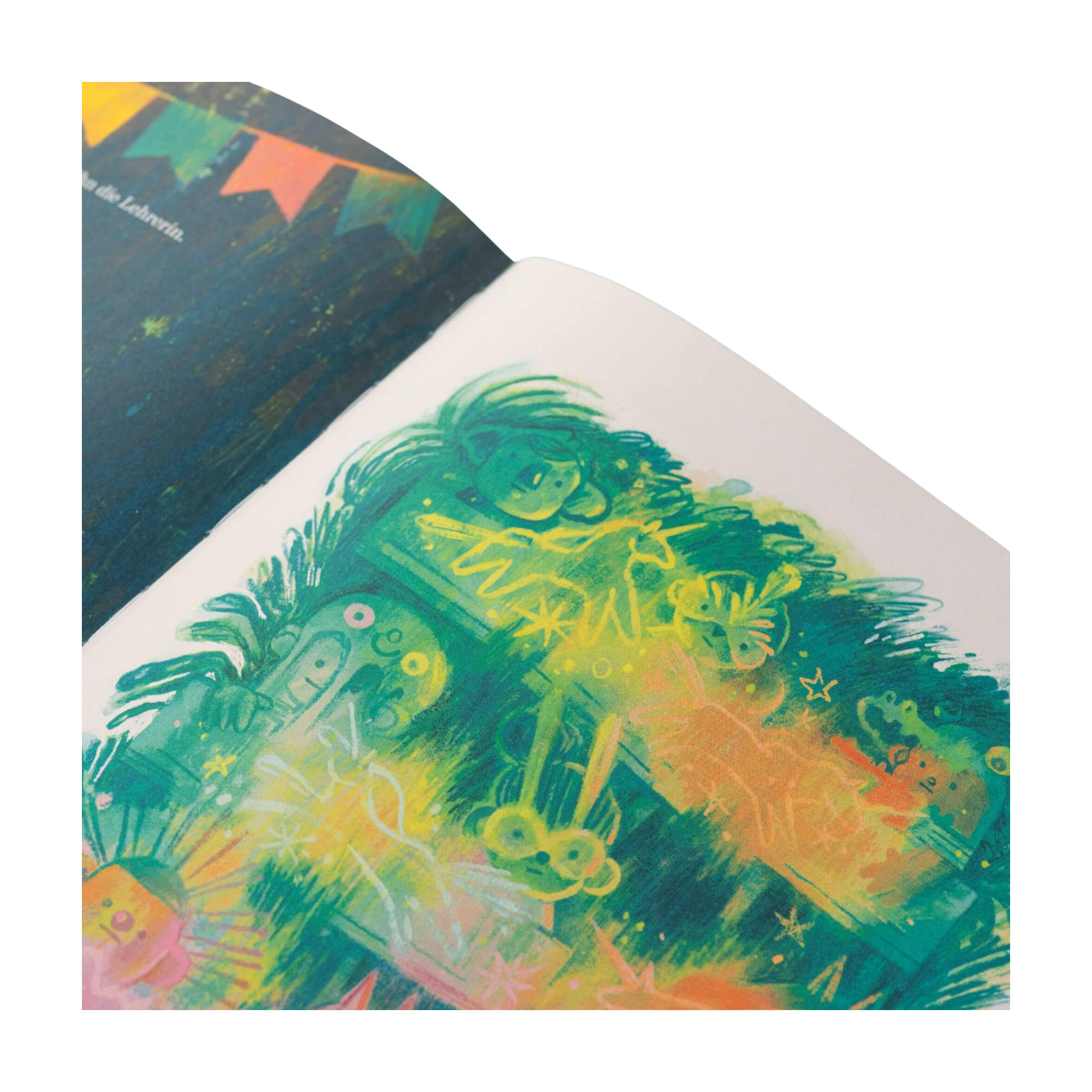 Eine Seite aus "Matteo glaubt an Einhörner" von Jackie Azúa Kramer & Jonah Kramer zeigt skurrile grüne, gelbe und orangefarbene Figuren mit leuchtenden magischen Effekten und abstrakten Formen.