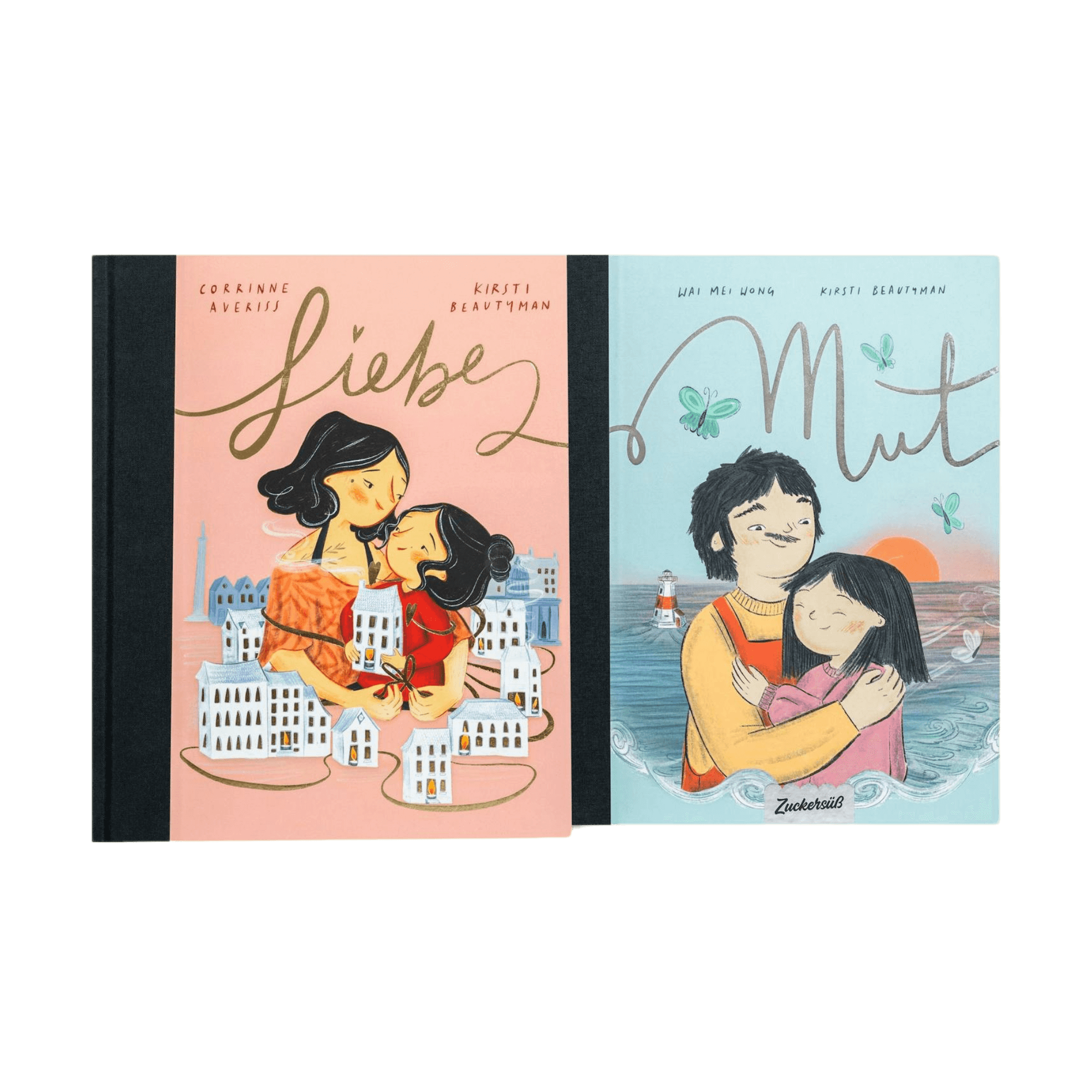 Das Vorteilspaket „Mut & Liebe“ vom Zuckersüß Verlag enthält zwei liebevoll illustrierte Bilderbücher über große Gefühle: „Liebe“ zeigt eine erwachsene Person und ein Kind in inniger Umarmung zwischen weißen Häusern, „Mut“ spielt am Wasser, umgeben von Schmetterlingen und Sonnenuntergang. Beide Bücher feiern emotionale Stärke und Nähe.