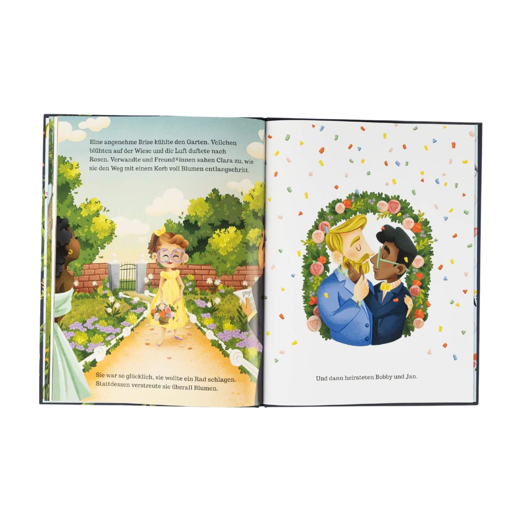 Ein aufgeschlagenes Exemplar von "Onkel Bobby's Hochzeit" von Sarah S. Brannen zeigt auf der linken Seite ein Kind in einem gelben Kleid, das in einem Blumengarten spazieren geht, und Bobby und Jan, die sich inmitten von Konfetti umarmen und die LGBTQIA+ Liebe feiern, mit Text auf beiden Seiten.