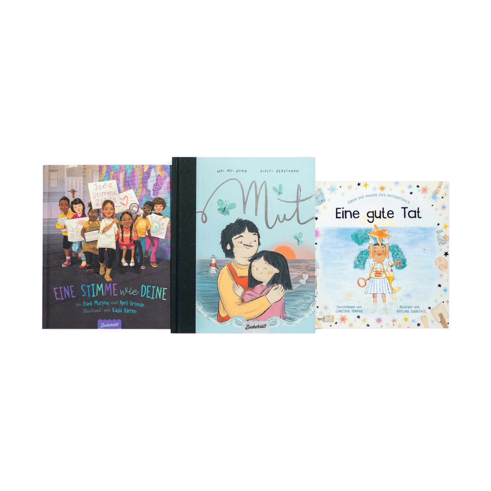 Drei Bilderbücher des Zuckersüß Verlags - "Das Optimismus-Paket" - sind nebeneinander abgebildet. Die Cover zeigen Kinder mit Schildern, eine Umarmung am Meer und ein Kind mit einer orangefarbenen Schleife und Sternen, die Optimismus für eine bessere Zukunft verbreiten.