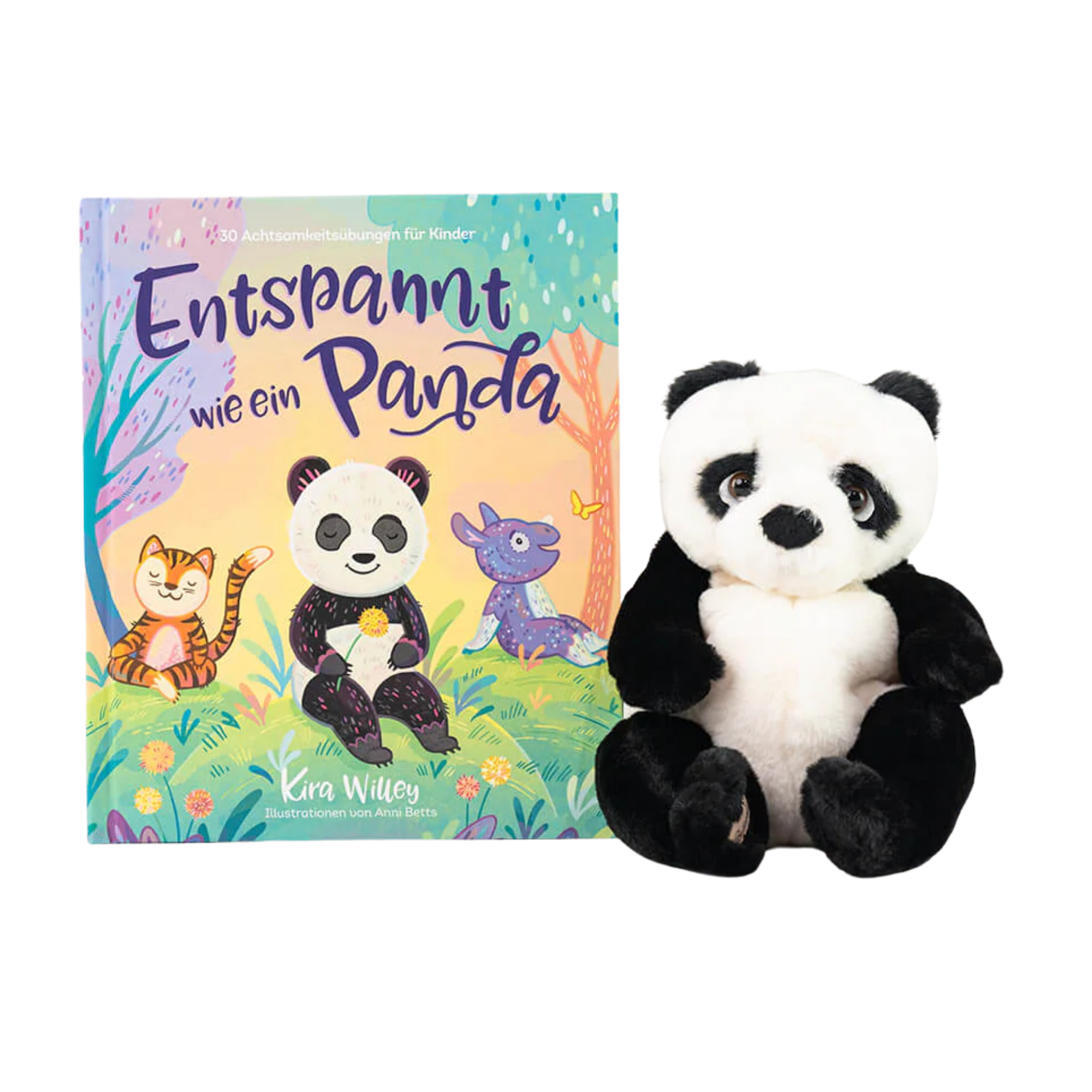 Das Set "Entspannt wie ein Panda + Stofftier 'Panda'" von Kira Willey enthält ein Kinderbuch mit Meditationsübungen und illustrierten Tieren auf dem Einband sowie ein schwarz-weißes Panda-Plüschtier.
