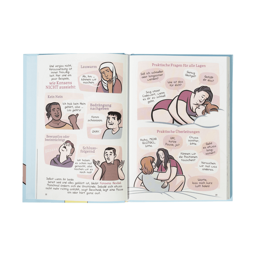 Ein aufgeschlagenes Aufklärungsbuch, "Mehr als Verkehr" vom Zuckersüß Verlag, zeigt Comic-Panels in deutscher Sprache: Auf der linken Seite geht es um Sex und Liebe mit verschiedenen Charakteren und Zustimmung; auf der rechten Seite kuschelt ein Paar und tauscht Kommunikationstipps aus.