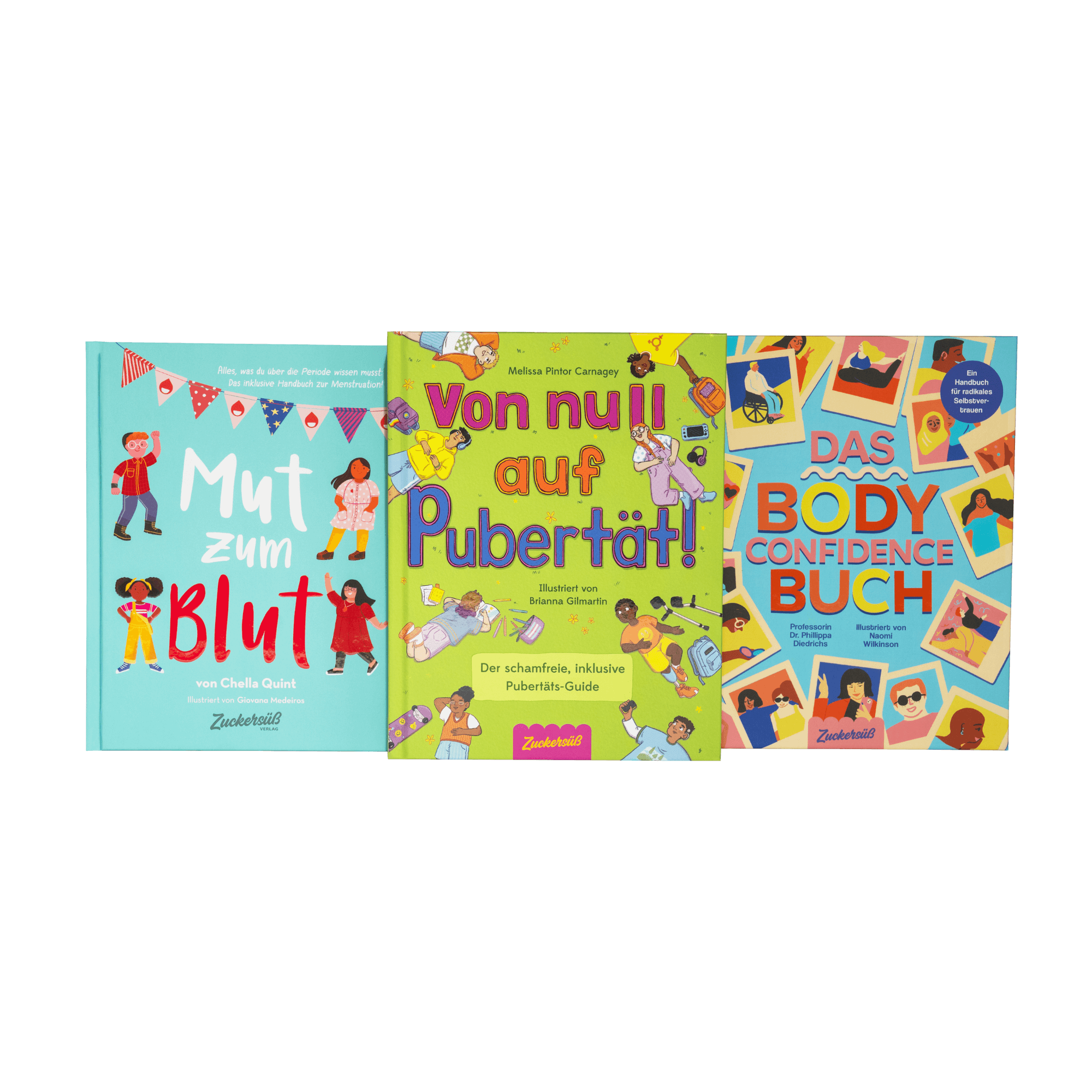 Das Pubertät Starter Pack aus dem Zuckersüß Verlag enthält drei farbenfrohe deutschsprachige Kinder- und Jugendbücher mit unterschiedlich illustrierten Einbänden, die das Körperbewusstsein in der Pubertät unterstützen sollen. Die Bücher stehen aufrecht vor einem weißen Hintergrund.