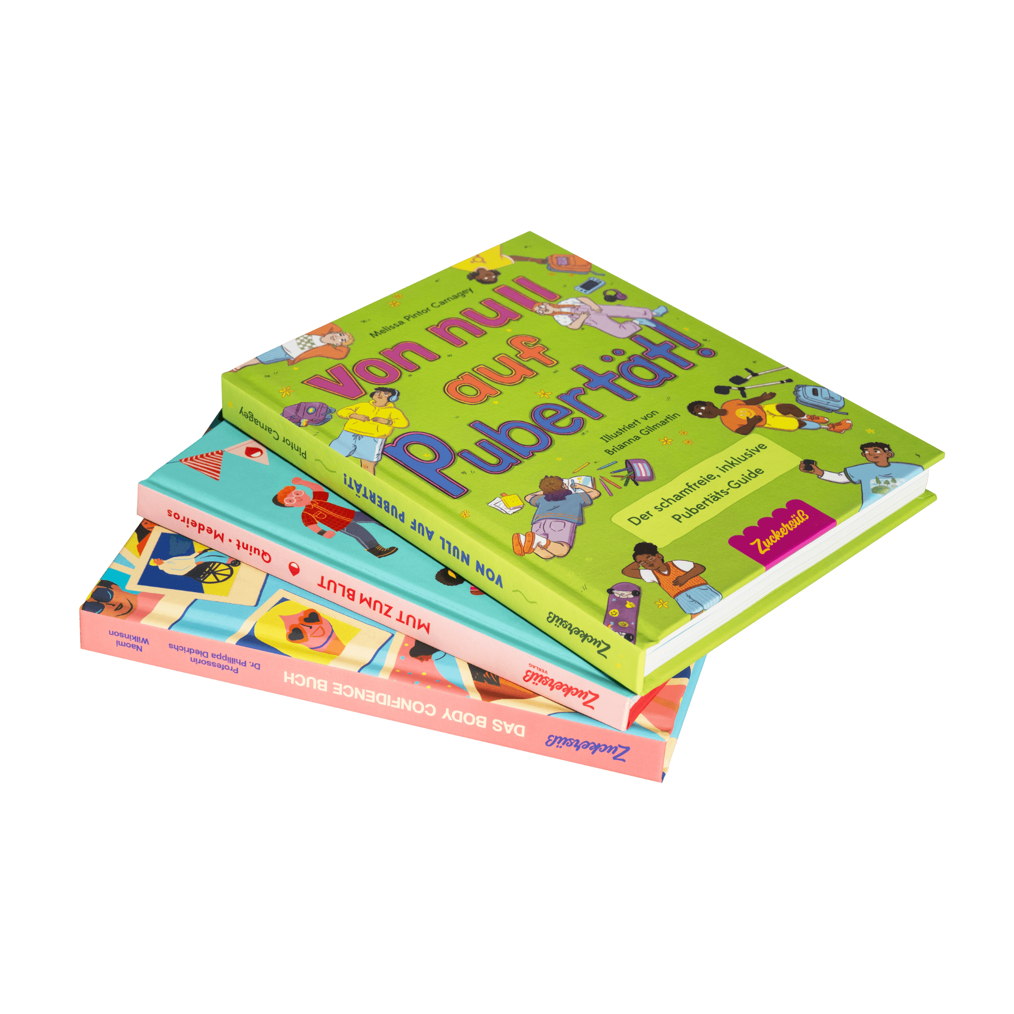 Das Pubertät Starter Pack vom Zuckersüß Verlag enthält drei farbenfrohe, illustrierte Bücher zum Thema Pubertät und Körperbewusstsein. Das oberste Buch, "Von null auf Pubertät", hat ein verspieltes Cartoon-Cover auf weißem Hintergrund - ideal als Pubertätsratgeber.
