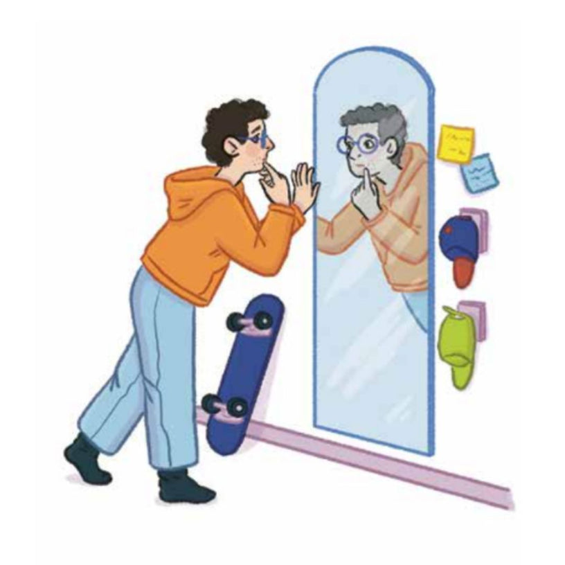 Illustration aus "Von null auf Pubertaet": Junge steht vor dem Spiegel und begutachtet sein Gesicht
