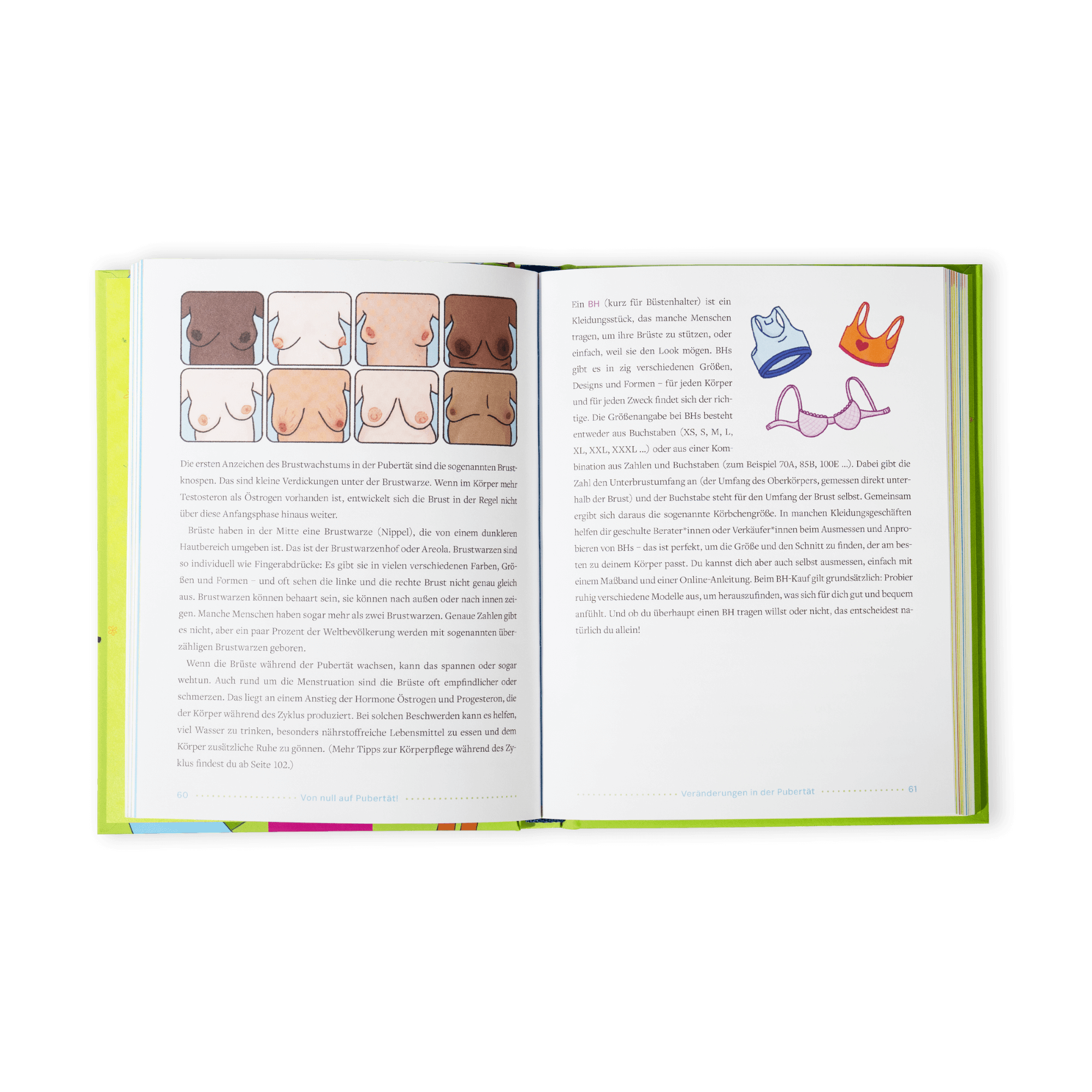 Ein aufgeschlagenes Buch, "Von Null auf Pubertät" vom Zuckersüß Verlag, zeigt auf der linken Seite nackte Brüste und auf der rechten Seite BHs mit deutschem Text über Pubertät und Körperveränderungen.