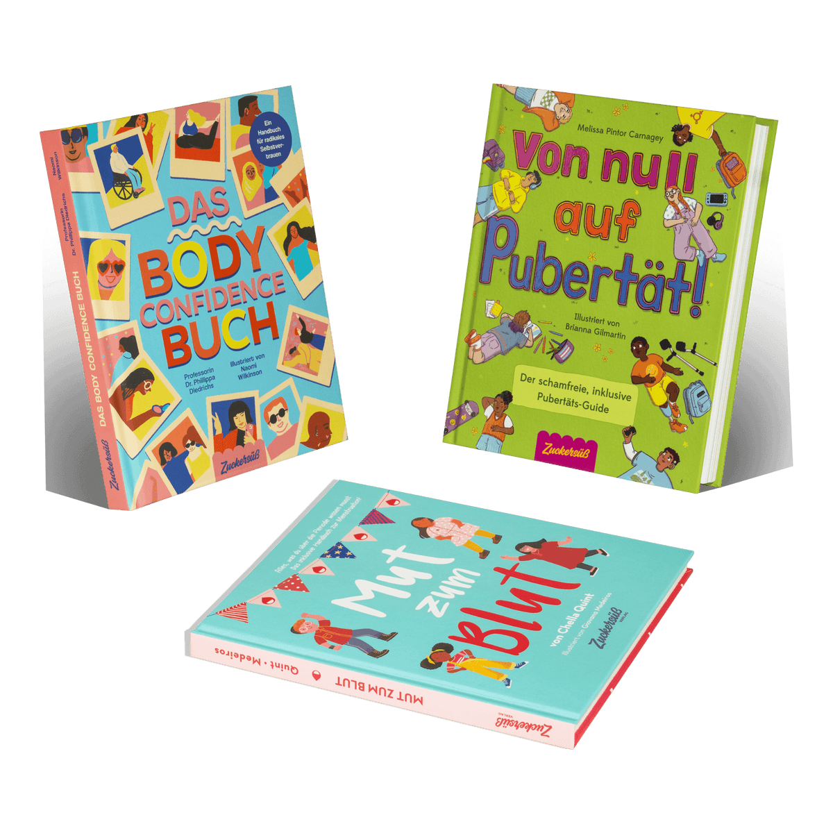 Drei farbenfrohe deutschsprachige Kinder- und Jugendbücher aus dem Pubertät Starter Pack des Zuckersüß Verlags sind aufrecht und flach dargestellt. Die illustrierten Cover zeigen unterschiedliche Charaktere und behandeln die Themen Pubertät, Körperbewusstsein und Menstruation.
