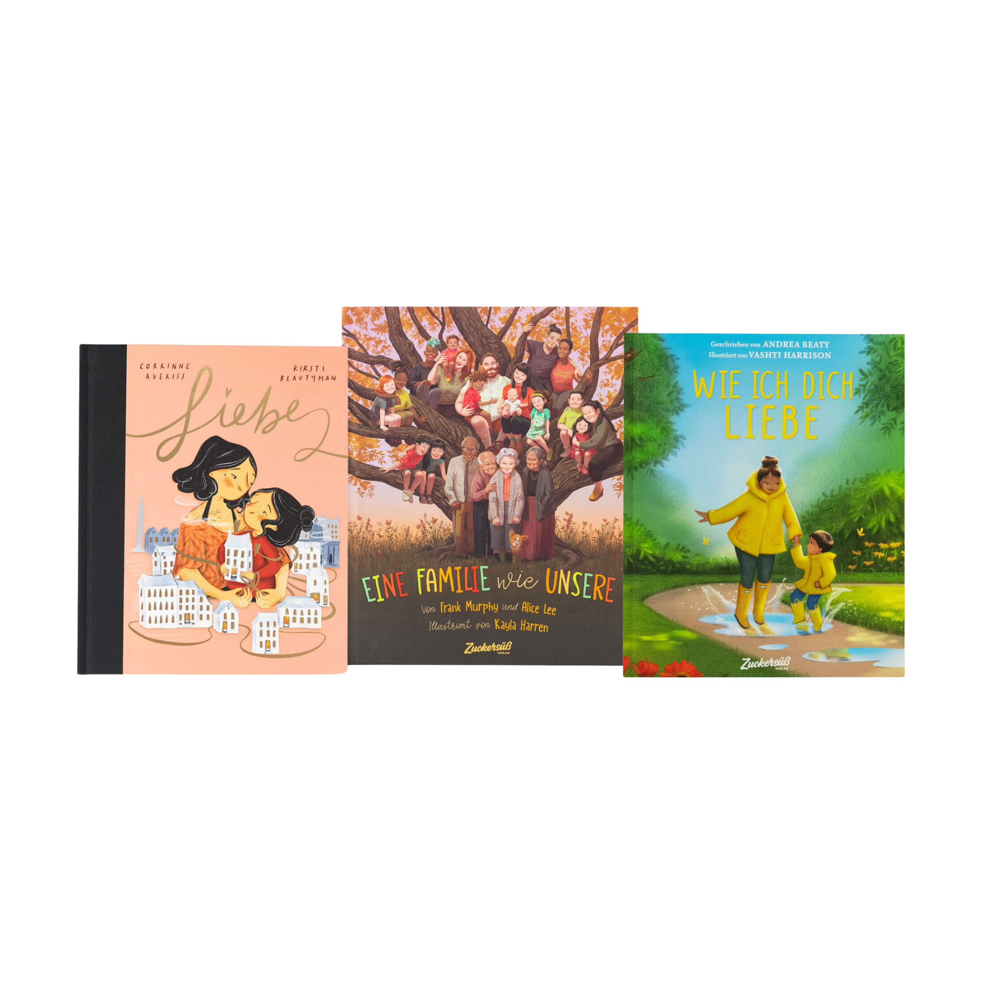 "Das Richtig-Gute-Nacht-Paket" vom Zuckersüß Verlag enthält drei Vorlesebücher mit illustrierten Covern: Zwei Kinder vor Häusern, eine Familie im Baum und zwei Kinder im Park, die alle Geborgenheit vermitteln.