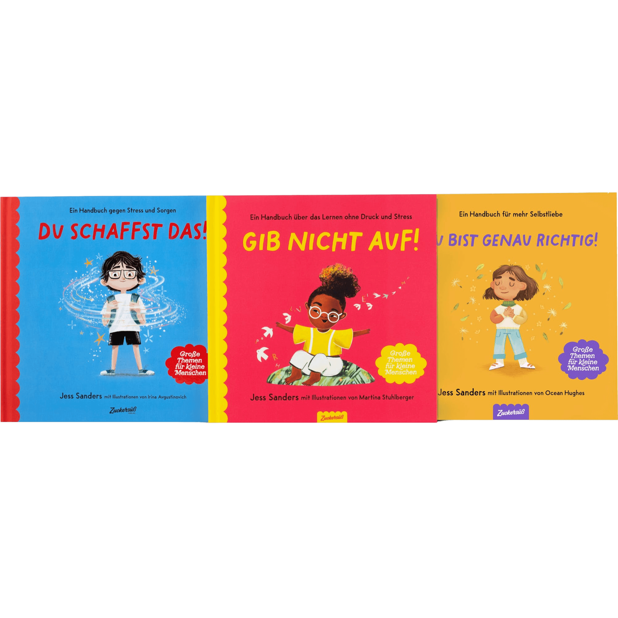 Das School Starter Pack aus dem Zuckersüß Verlag enthält drei Kinderbücher - "Du schaffst das!", "Gib nicht auf!" und "Du bist genau richtig!" von Jess Sanders-, die ideal sind, um Vertrauen aufzubauen und Herausforderungen zu meistern.