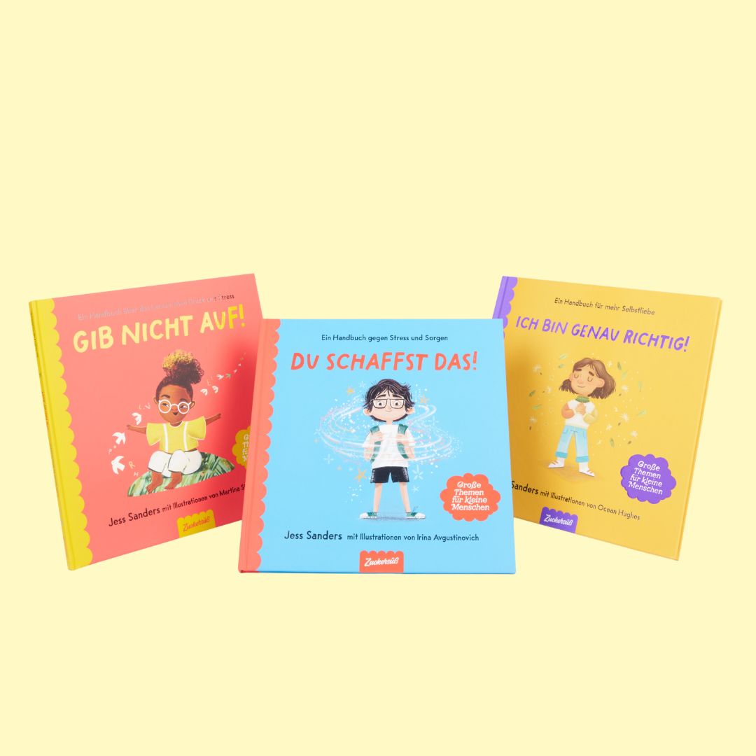 Das „Schul-Starterpaket“ des Zuckersüß-Verlags enthält drei illustrierte deutsche Kinderbücher mit farbenfrohen Einbänden, auf denen vielfältige Kinder abgebildet sind – ideal für die Themen Selbstvertrauen bei Kindern, Schulstart und Einschulung –, die alle vor einem hellgelben Hintergrund dargestellt sind.