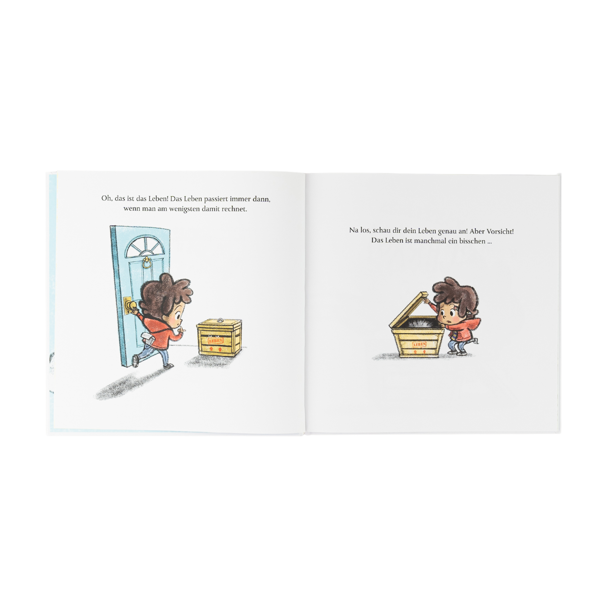 In "So ist das Leben" von Ame Dyckman entdeckt ein Kind neugierig eine Box hinter einer blauen Tür. Beim vorsichtigen Öffnen beginnt ein neues Abenteuer. Über jeder Szene stehen inspirierende Lebensweisheiten.