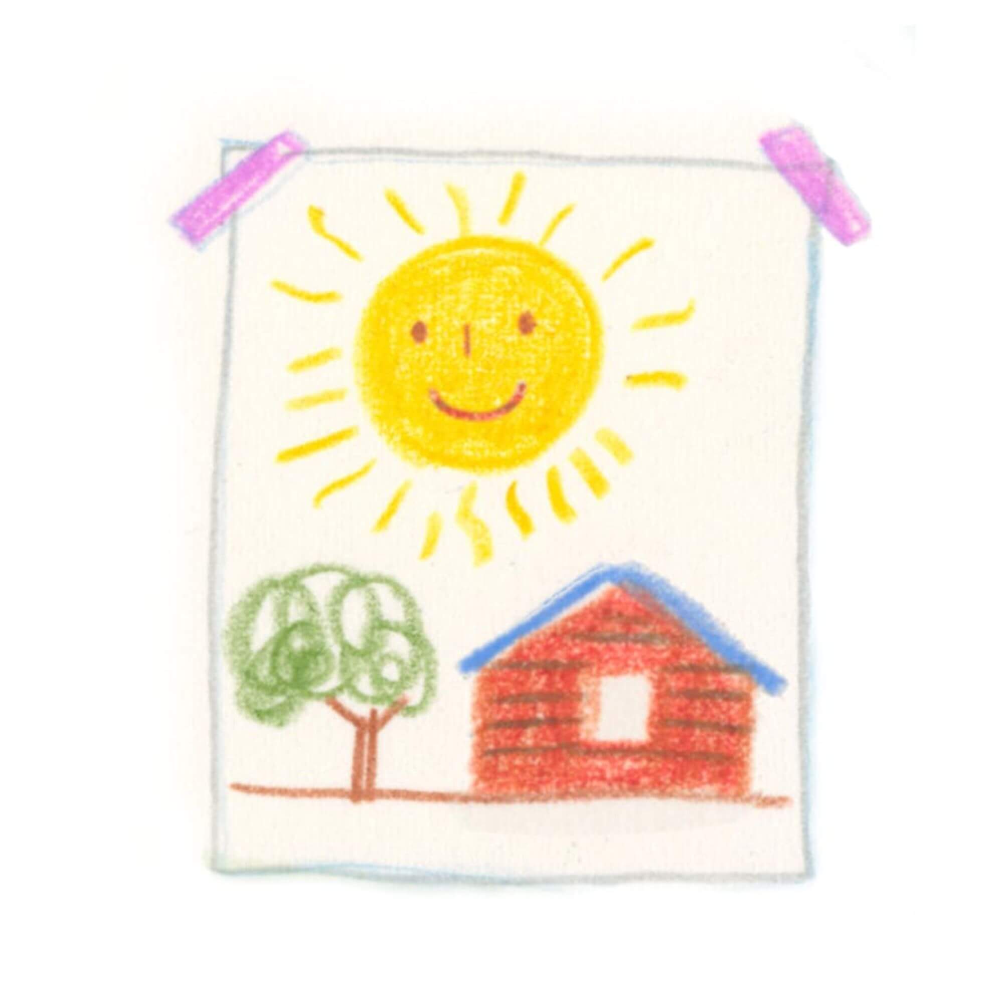 Eine von "So ein mieser Tag" inspirierte Kinderzeichnung von Chelsea Lin Wallace zeigt eine lächelnde Sonne, einen grünen Baum und ein braunes Haus mit blauem Dach, das mit zwei lila Klebebandstücken an den oberen Ecken an der Wand befestigt ist.