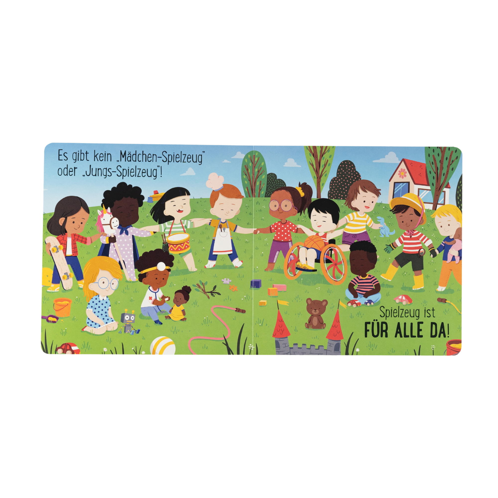 Eine aufgeschlagene Doppelseite aus Susann Hoffmanns "Spielzeug ist für alle da!" zeigt eine Gruppe unterschiedlicher Kinder, die gemeinsam im Park spielen. Der deutsche Text betont die geschlechtergerechten Werte.