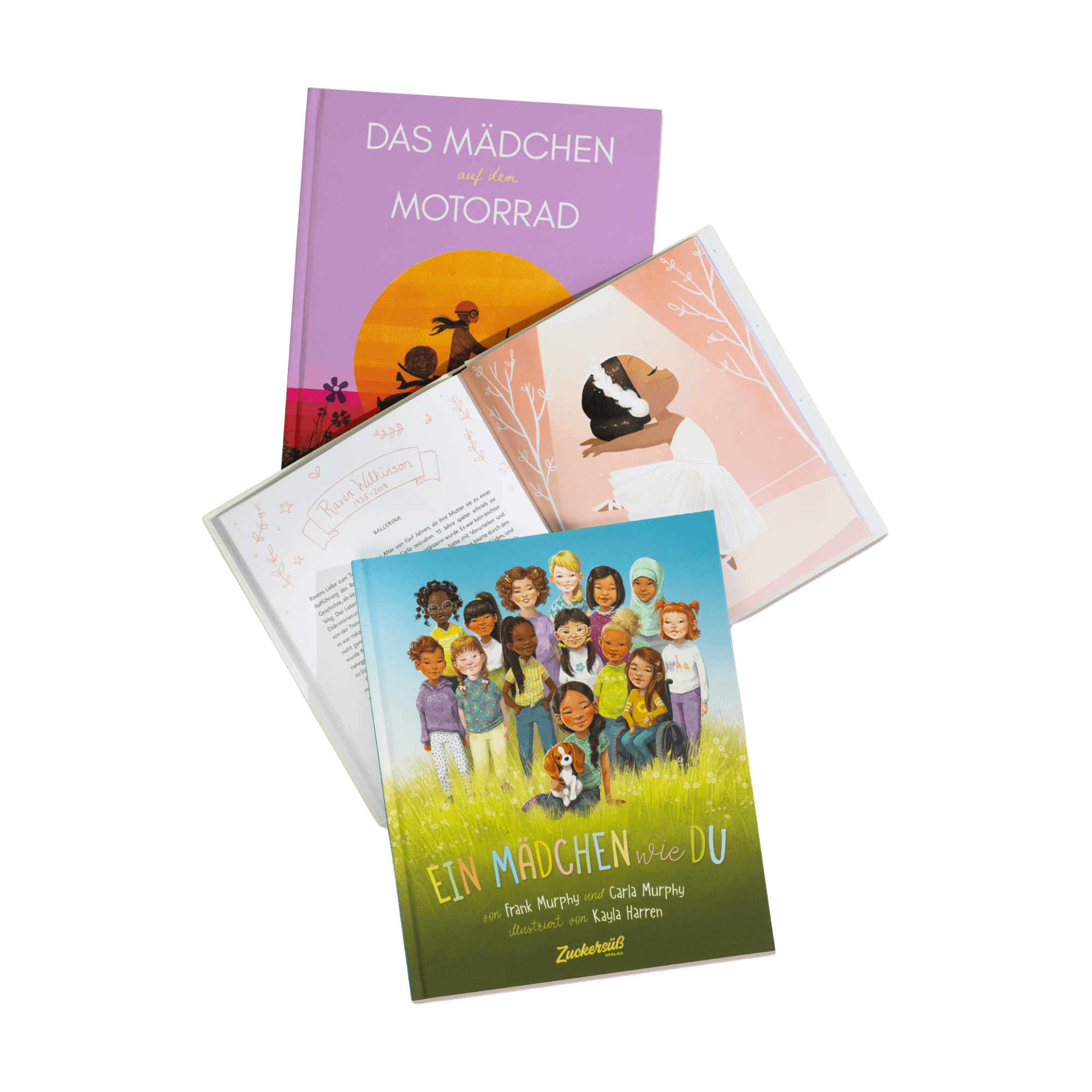 "Das Paket für starke Mädchen" vom Zuckersüß Verlag enthält drei illustrierte Kinderbücher. Ihre Cover zeigen starke Mädchen auf einem Motorrad, verschiedene historische Persönlichkeiten und kraftvolle Mädchen gemeinsam auf einer grünen Wiese.