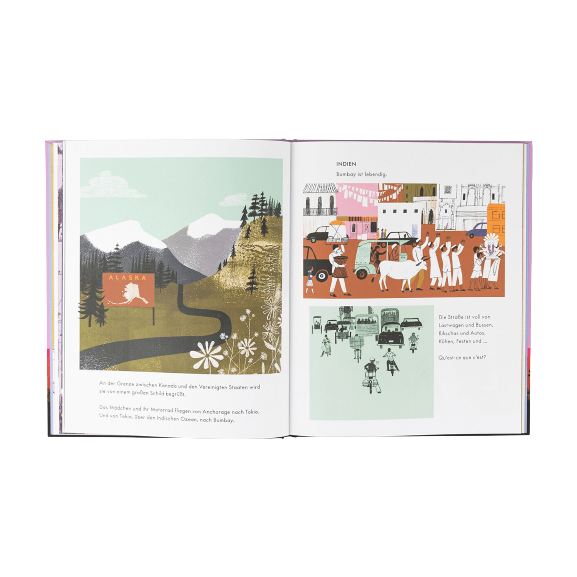 Ein aufgeschlagenes Buch aus "Das Paket für starke Mädchen" des Zuckersüß Verlags: Die linke Seite zeigt eine Landschaft mit Bergen, Bäumen und einer Straße; die rechte Seite zeigt Stadtszenen, die auf die Stärkung von Mädchen ausgerichtet sind.