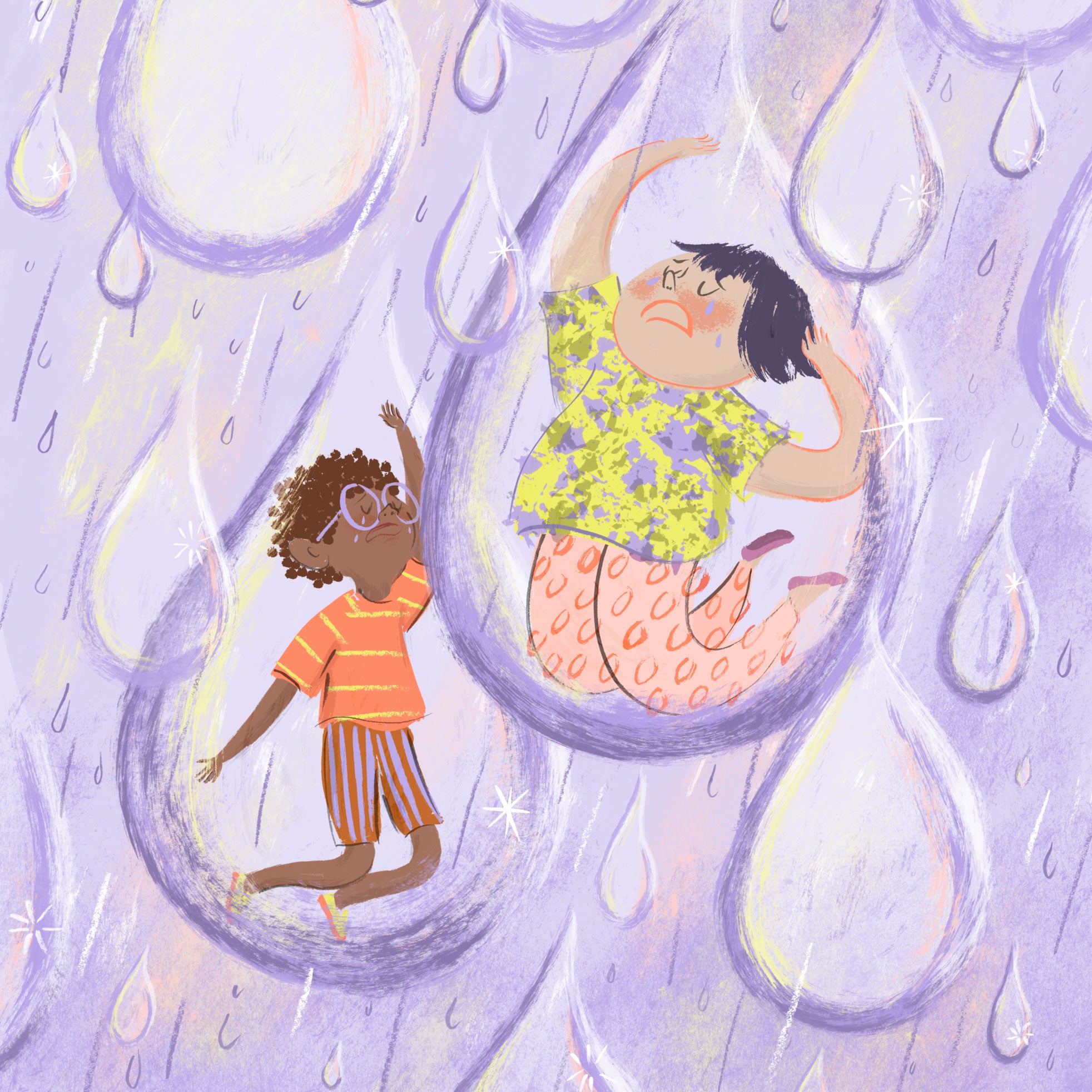 Zwei Kinder schweben in großen, funkelnden Regentropfen vor einem lilafarbenen Hintergrund mit fallendem Regen. Eine Illustration aus dem Bilderbuch "Das gibt Streit!" von Joseph Coelho, illustriert von Allison Colpoys.