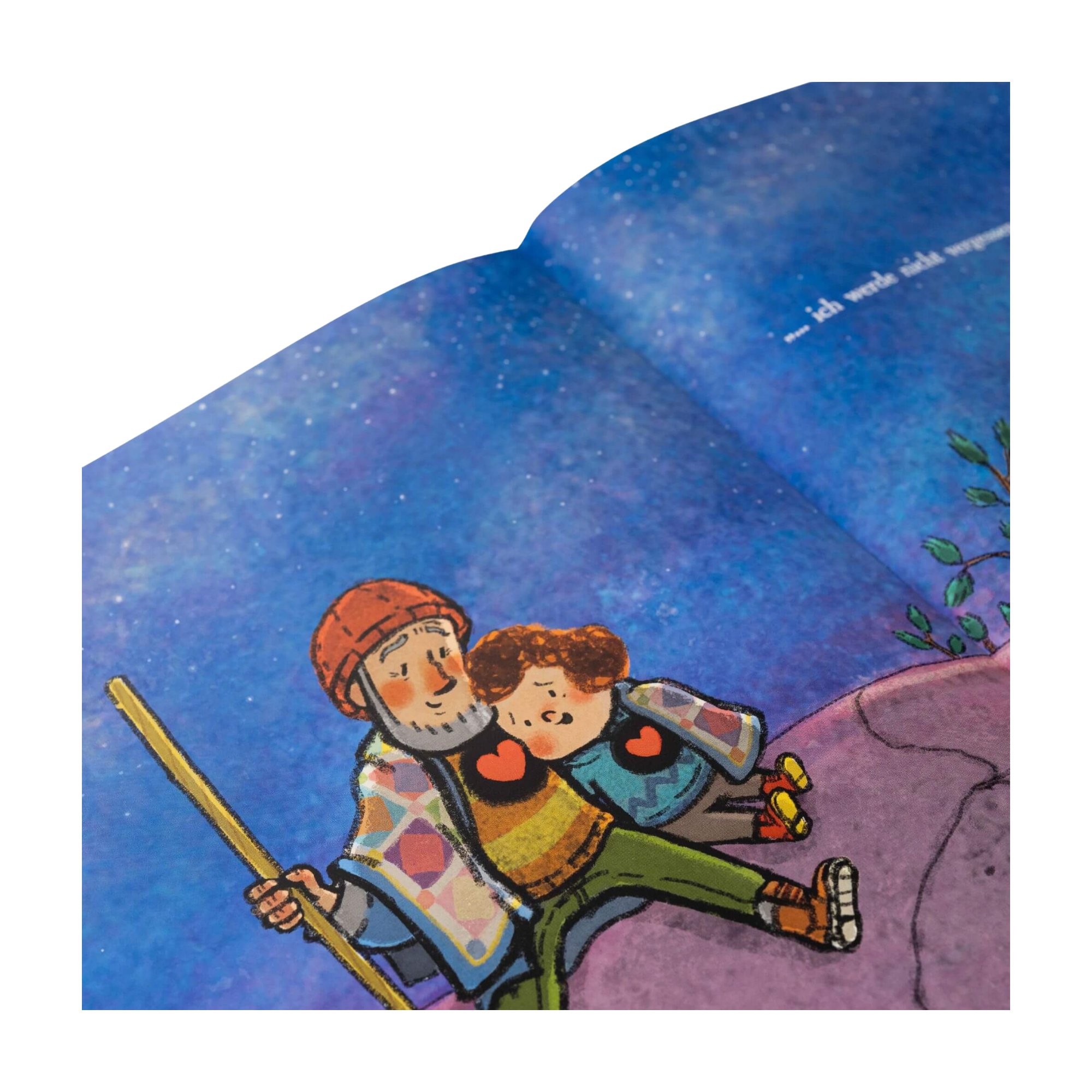 Das Bilderbuch „Verborgen“ von Cori Doerrfeld zeigt eine ältere Person mit Bart und orangefarbener Mütze, die auf einem Felsen sitzt und ein Kind umarmt. Im Hintergrund funkelt der Nachthimmel.