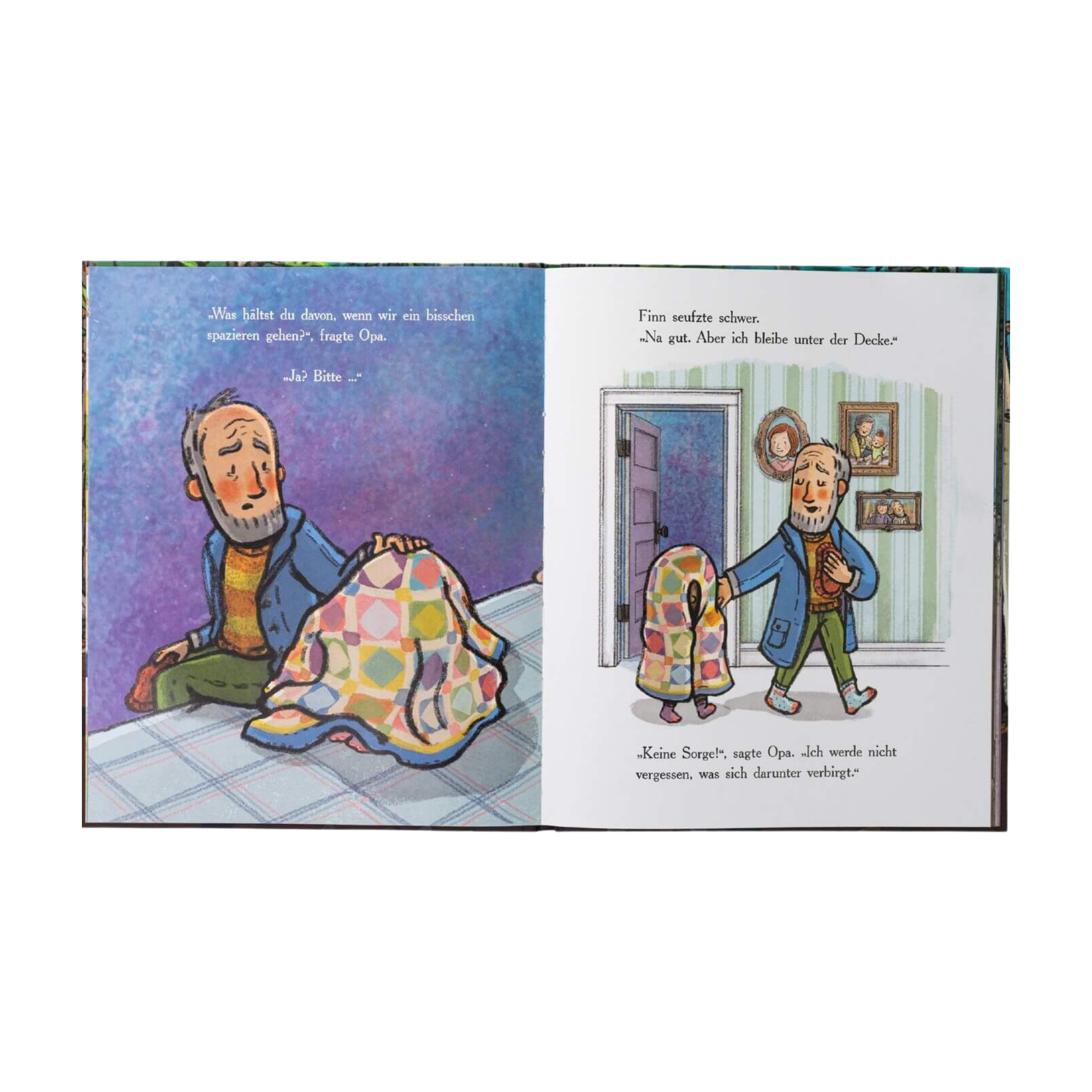 Illustration aus dem Bilderbuch „Verborgen“ von Cori Doerrfeld: Eine ältere Person mit Bart und Schal spricht sanft mit einem Kind, das sich unter einer bunten Patchwork-Decke versteckt. Auf der nächsten Seite gehen beide gemeinsam los – das Kind weiterhin unter der Decke verborgen, während die ältere Person liebevoll die Hand auflegt. Text ist in die Szene integriert.