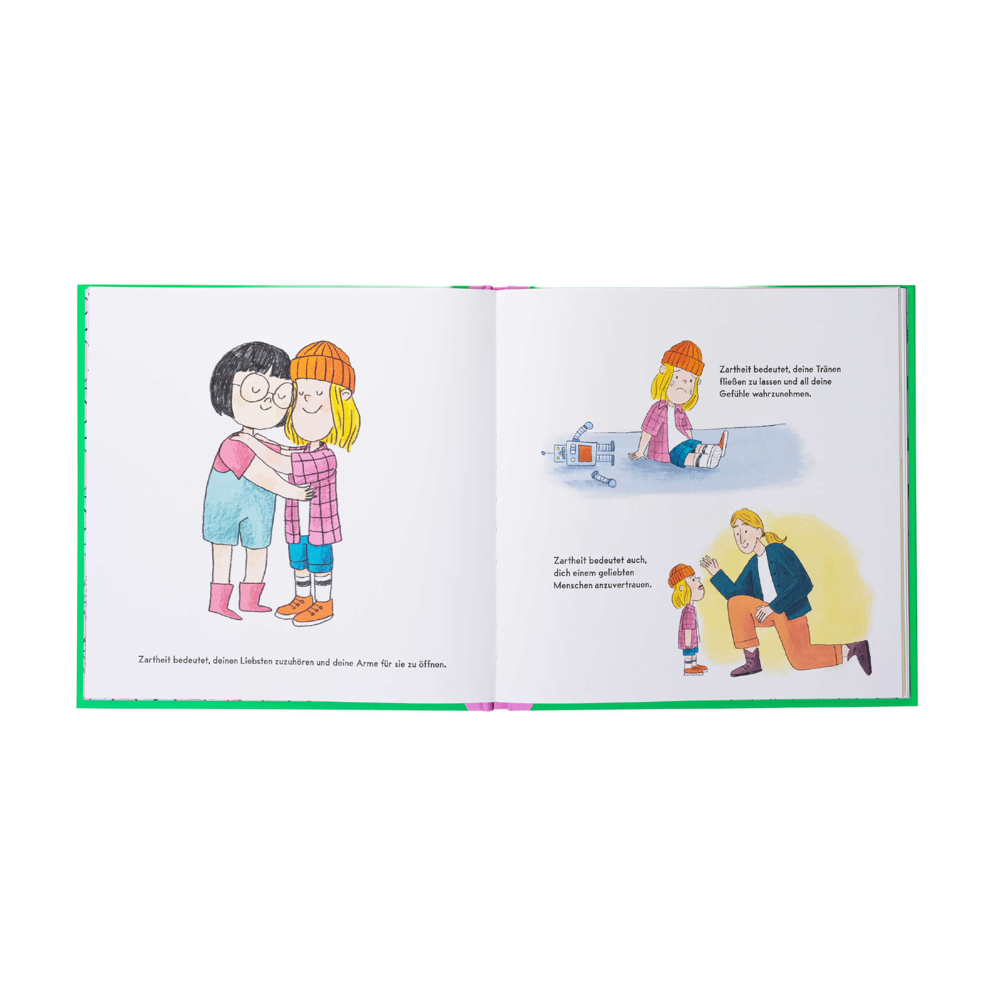 Doppelseite aus dem Mutmach-Buch „Ich bin zart. Ich bin stark.“ von Jessica Sanders: Links umarmen sich zwei Kinder, darunter steht ein Text über Zuhören und sich öffnen. Rechts sitzt ein Kind traurig neben einer zerbrochenen Flasche, während eine weitere Szene zeigt, wie es von einem Erwachsenen getröstet wird. Auf beiden Seiten begleitet ein sensibler Text die Illustrationen und vermittelt Wärme und Mitgefühl.