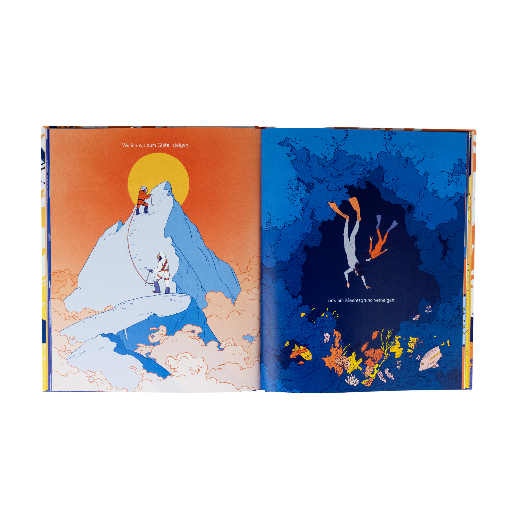 Doppelseite aus dem Bilderbuch Zusammen von Julia Kuo: Links erklimmen zwei Bergsteiger bei Sonnenaufgang einen schneebedeckten Gipfel, rechts tauchen zwei Personen mit Flossen und Tauchmasken in eine farbenfrohe Unterwasserhöhle.