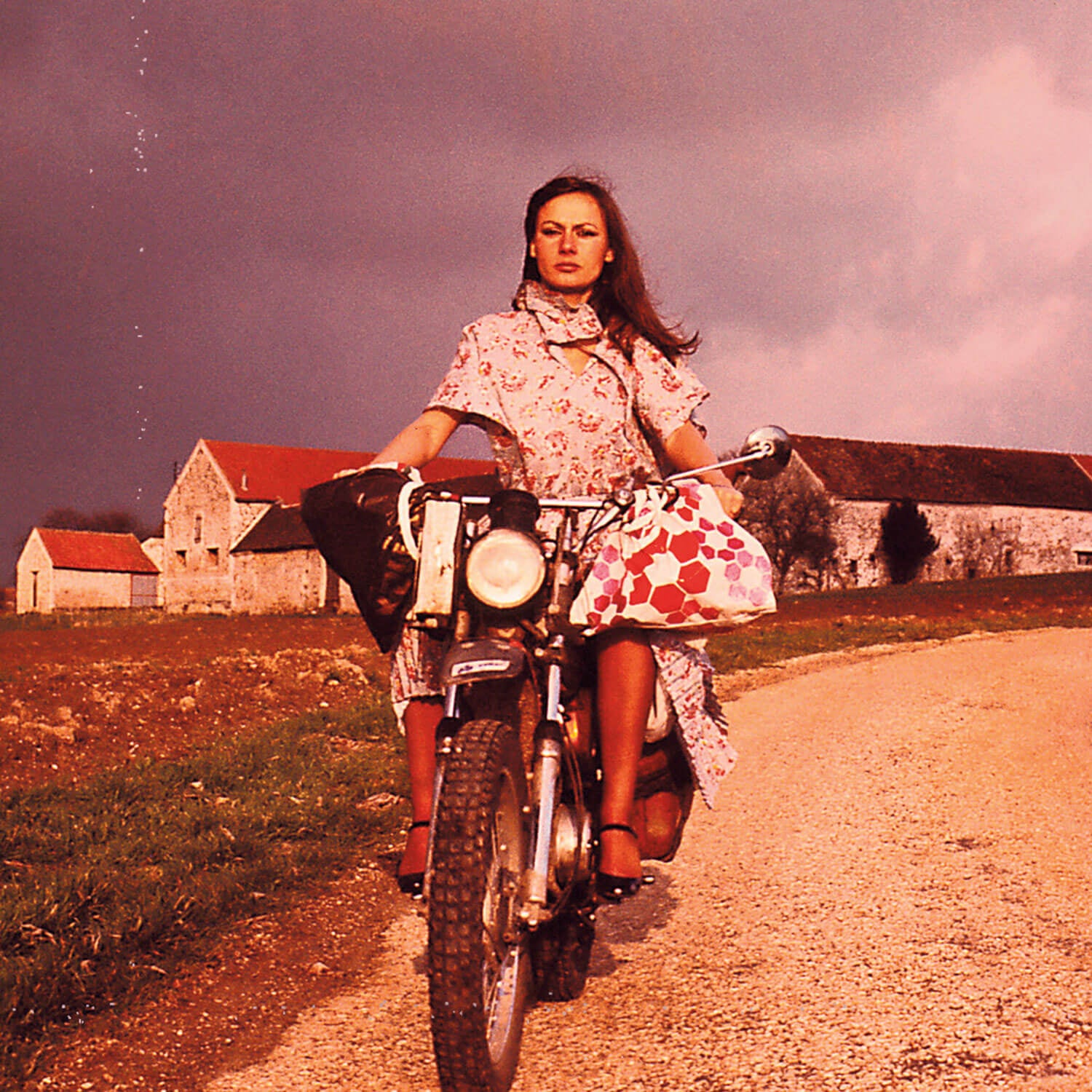 Eine erwachsene Person in einem geblümten Kleid fährt auf einem Motorrad eine Landstraße hinunter und erinnert an Anne-France Dautheville, die auf dem Cover von "Das Mädchen auf dem Motorrad" von Amy Novesky zu sehen ist. Bauernhofgebäude und ein wolkenverhangener Himmel vervollständigen die Szene, während der Wind ihr Haar und ihr Halstuch durchpeitscht.